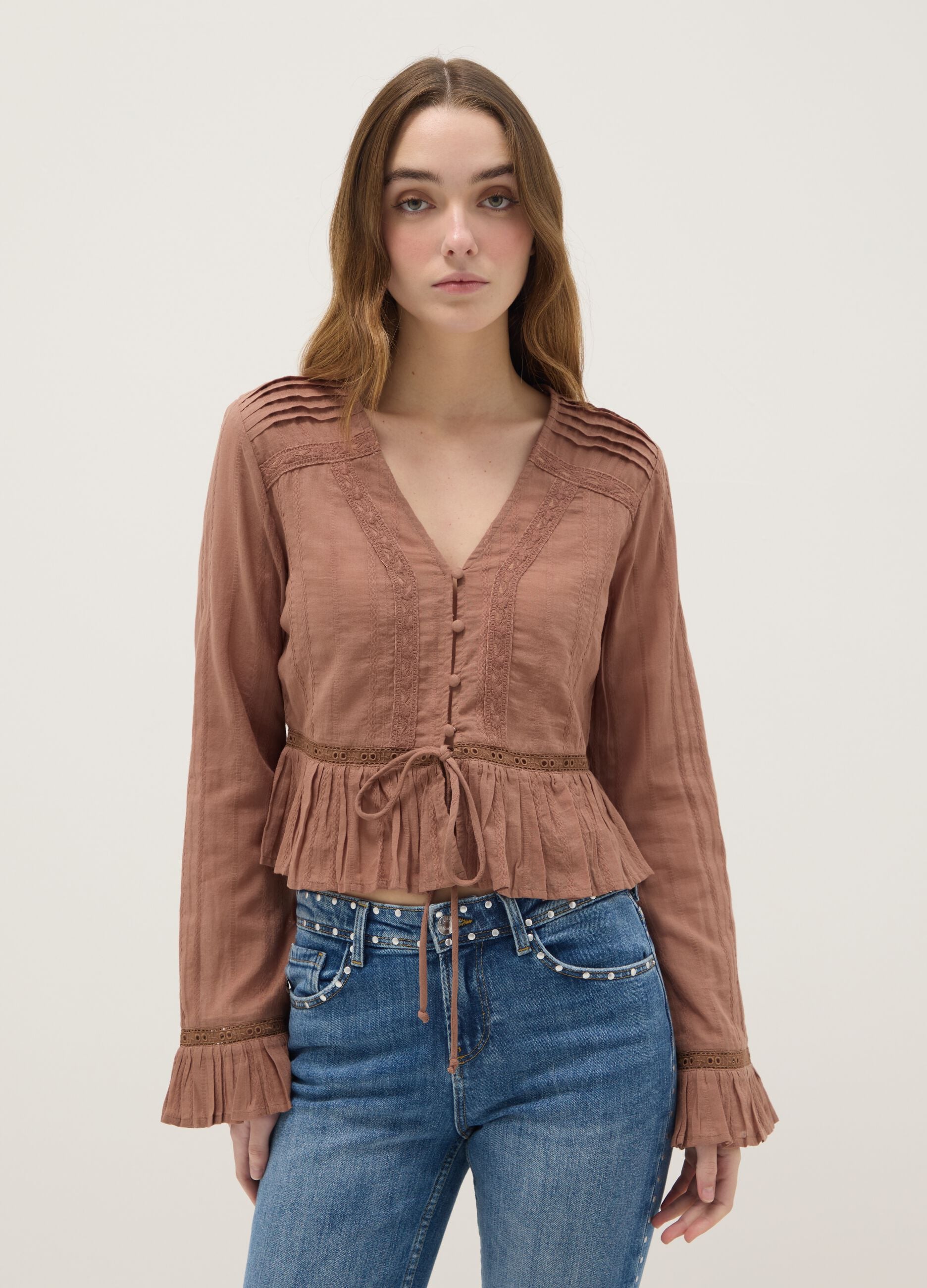 Brown pure cotton regular fit shirt with ruffles