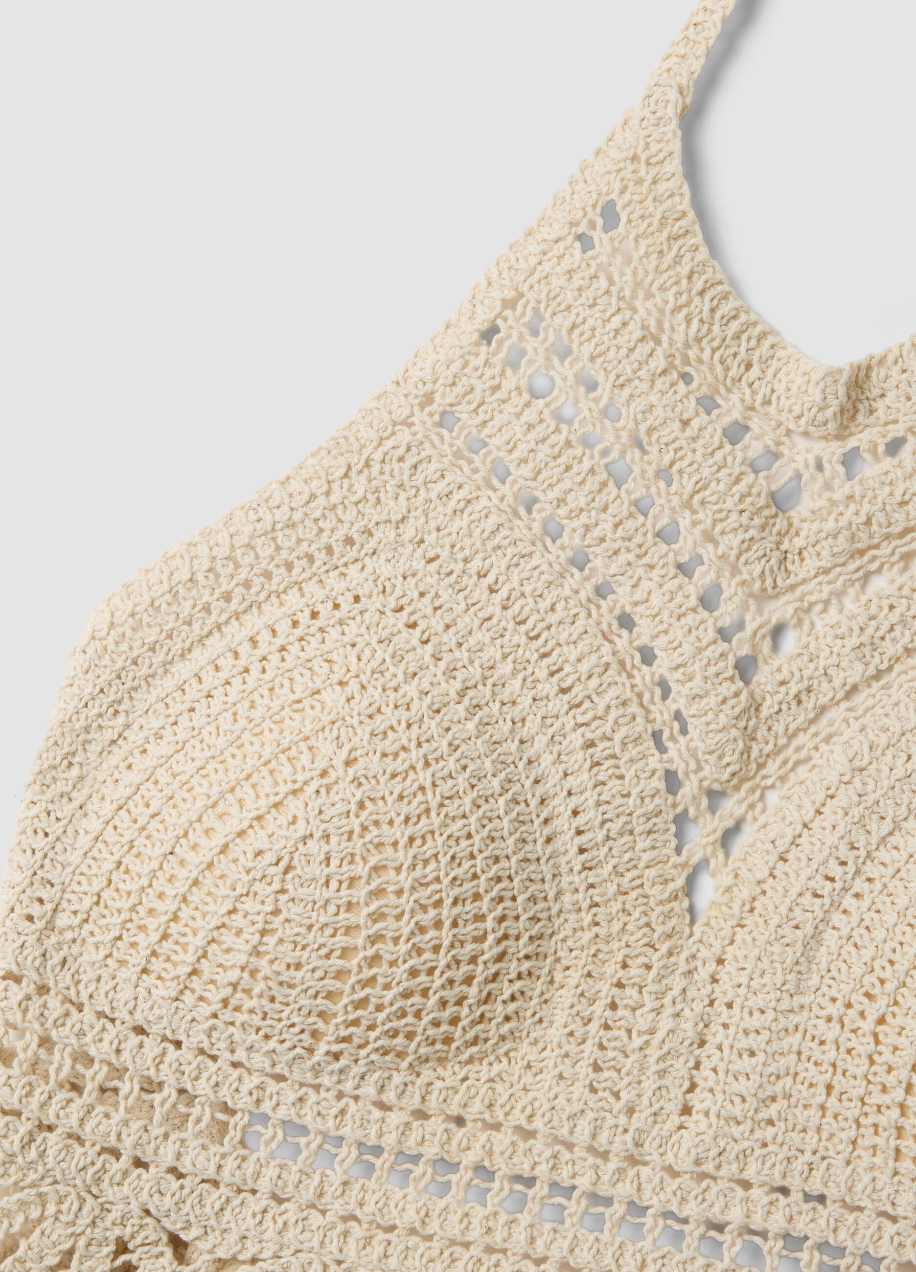 Beige crochet crop tank top in cotton blend, regular fit