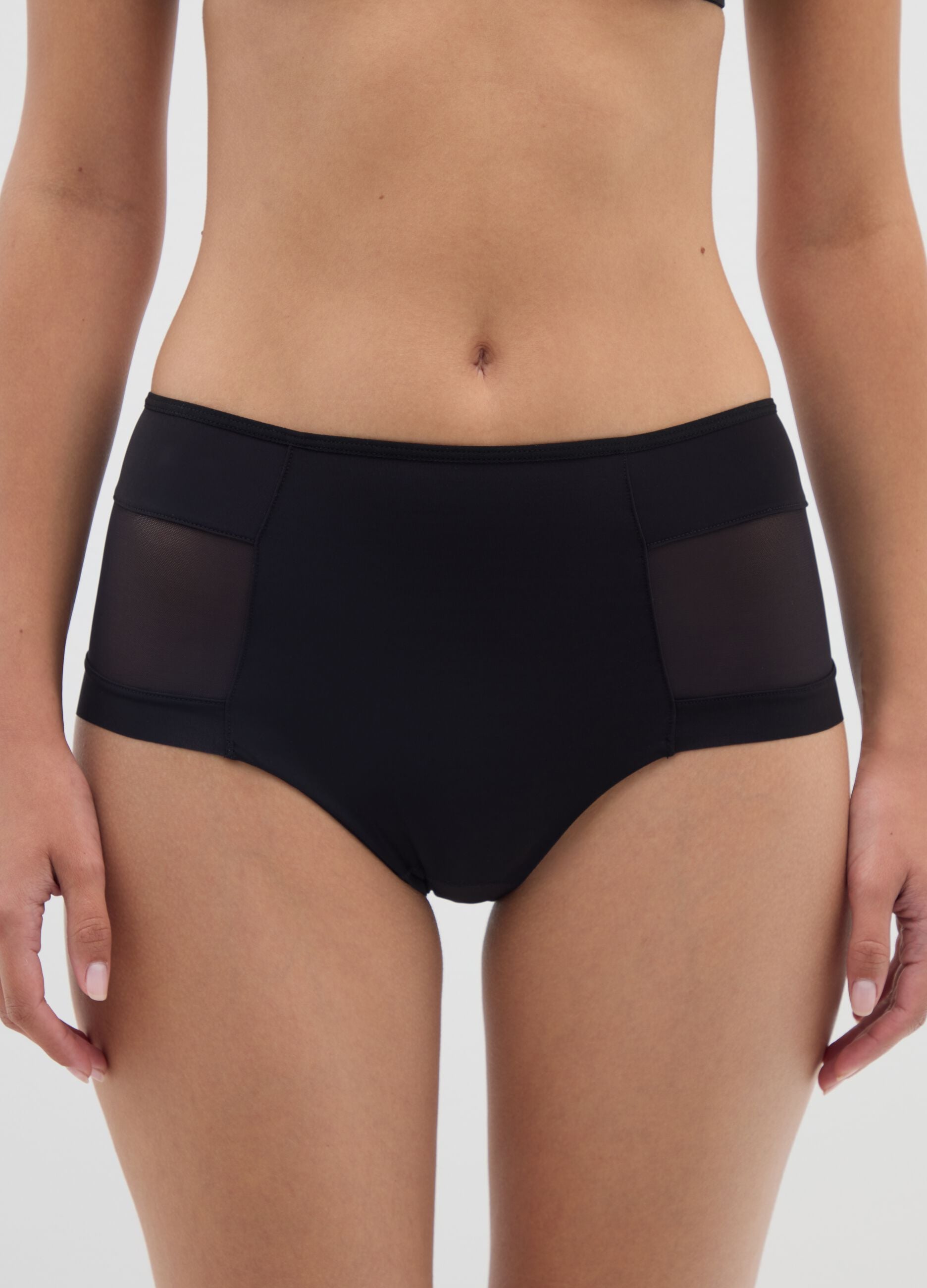 High-waisted black fabric briefs