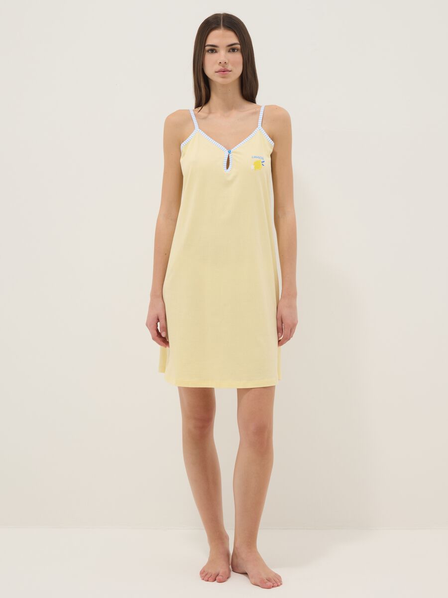 Camicia da notte gialla in puro cotone con spalline sottili_0