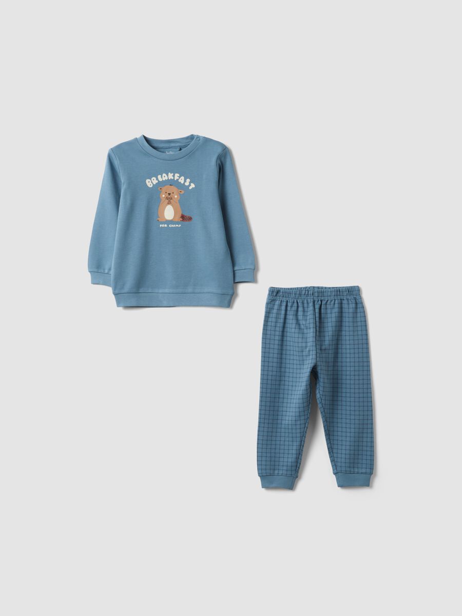 Blue organic cotton crew-neck pyjamas with cute animal print_0
