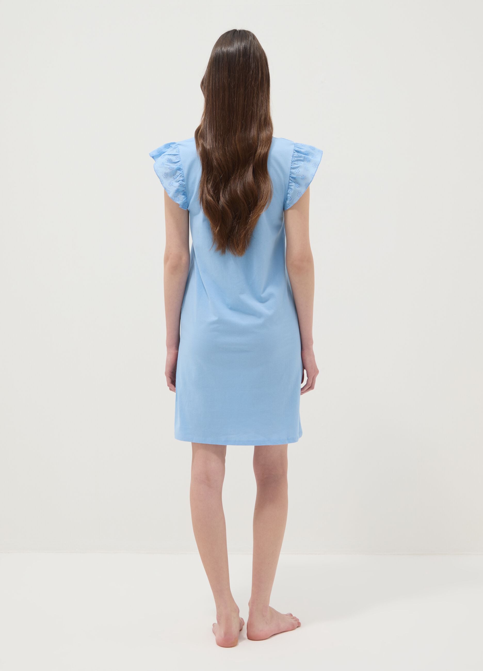 Sky-blue pure cotton nightdress with ruffle trim