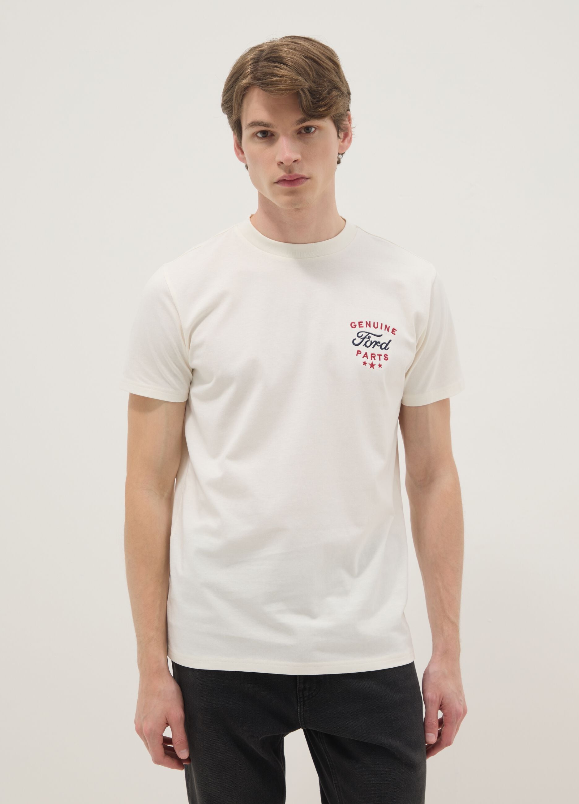 White pure cotton short-sleeve T-shirt with Ford print