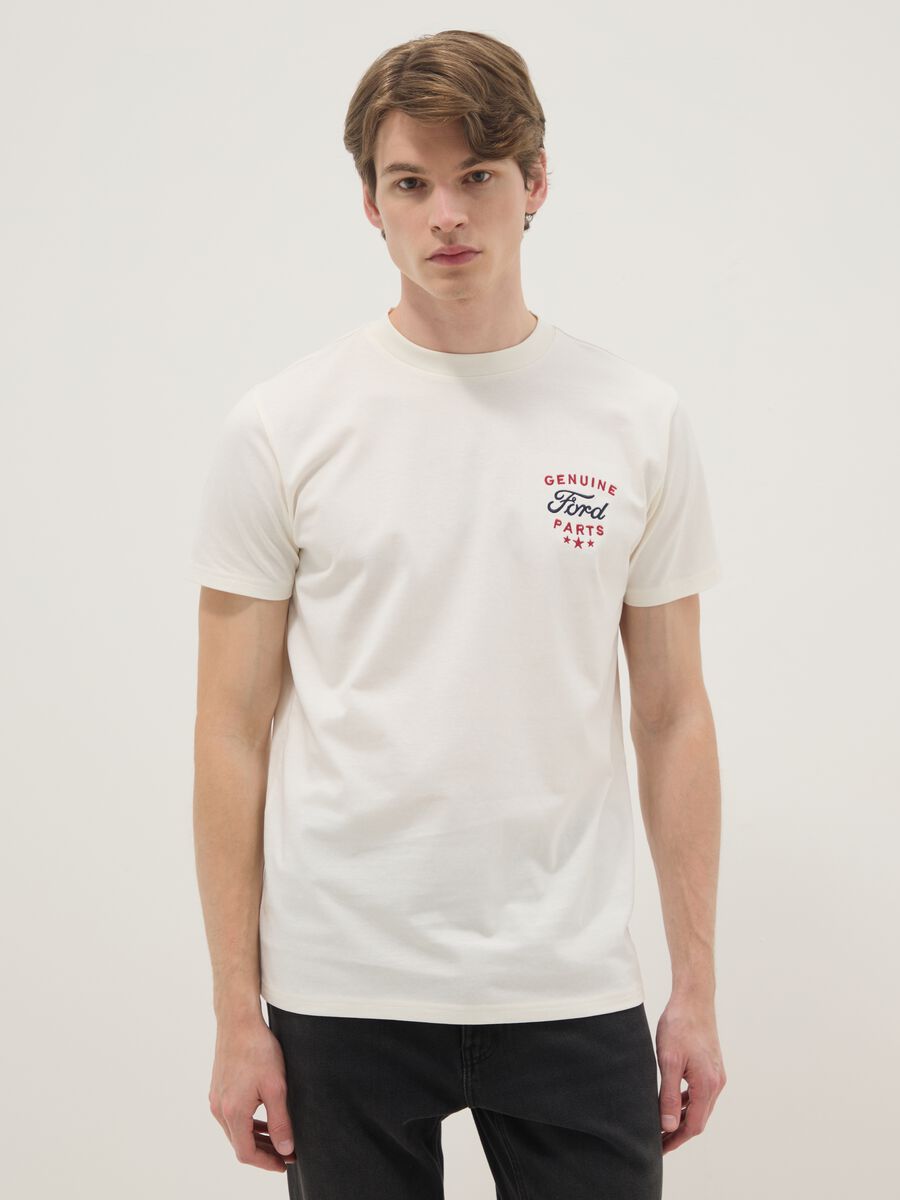 White pure cotton short-sleeve T-shirt with Ford print_0