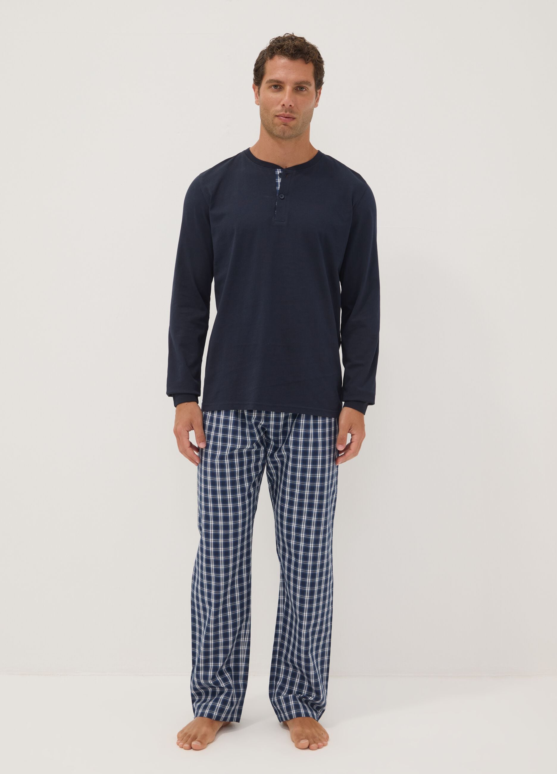 Navy organic cotton pyjamas with grandad collar, regular fit