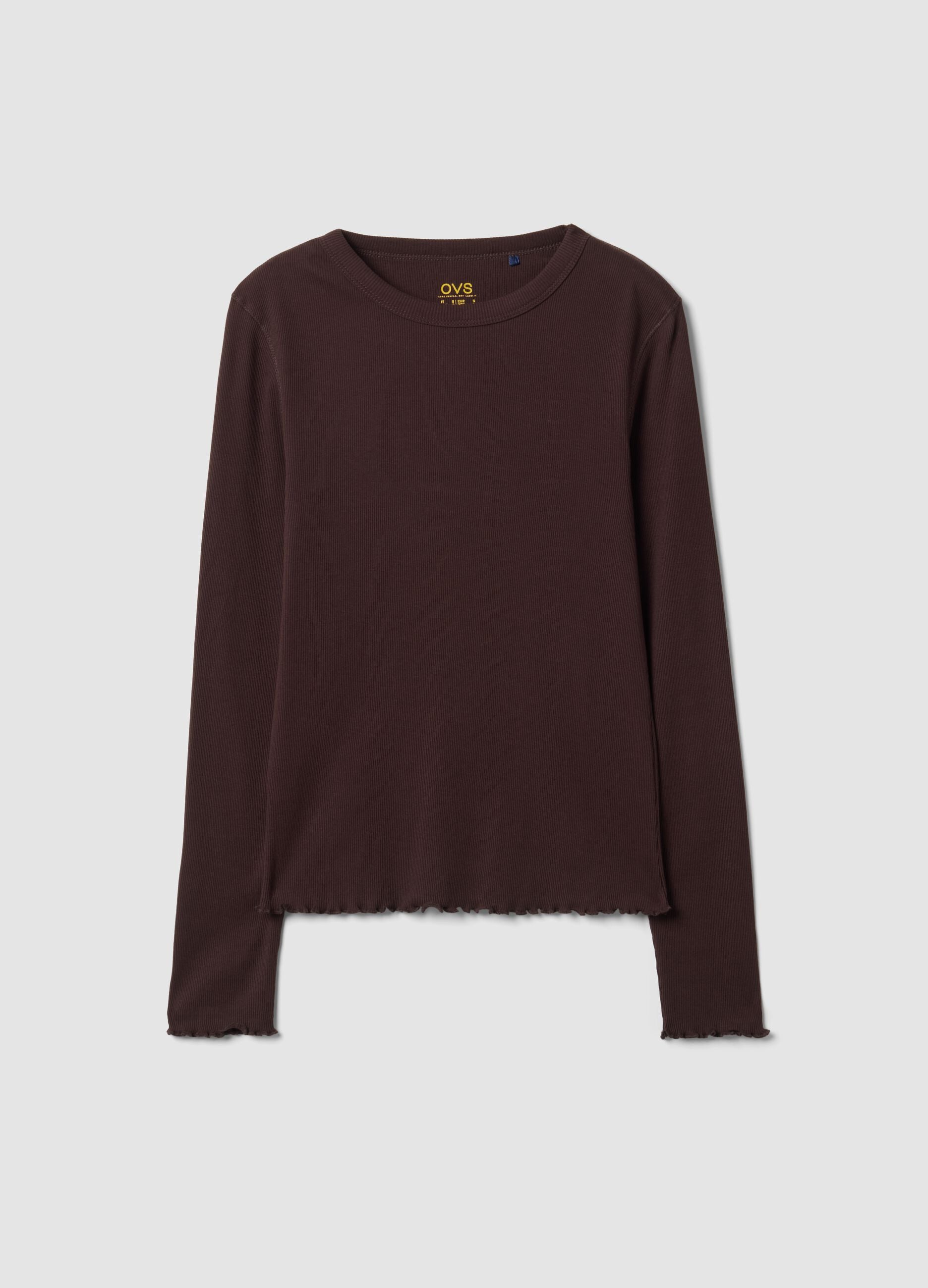 T-shirt marrone in puro cotone a maniche lunghe girocollo regular fit