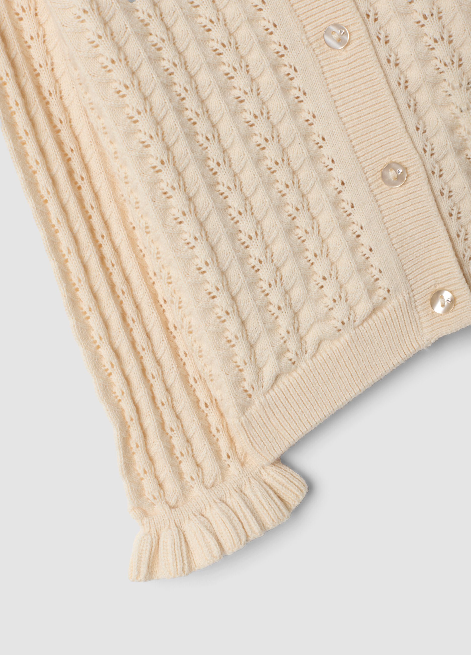 Beige pure cotton openwork knit cardigan for baby girl
