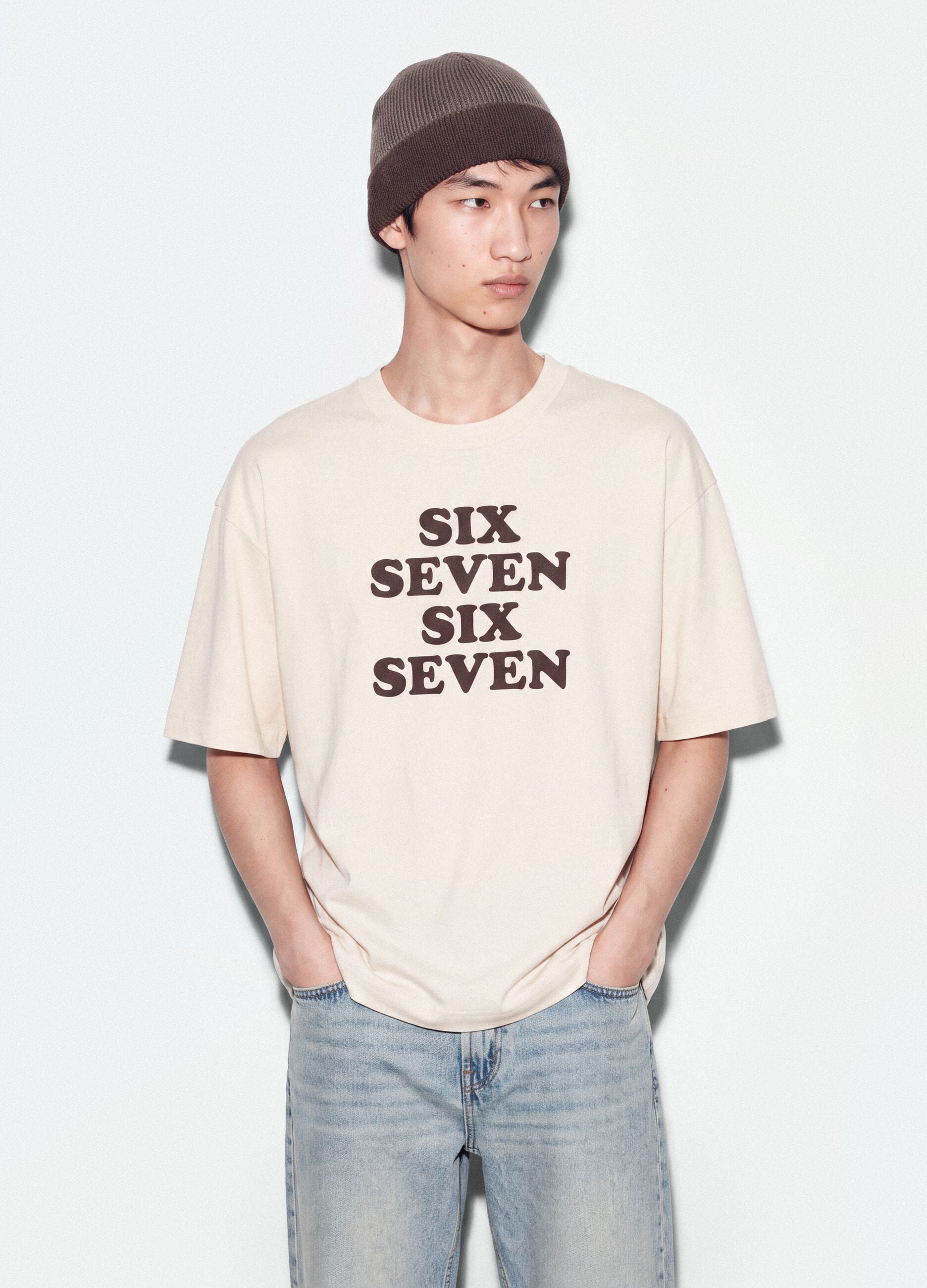 White pure cotton T-shirt with Six Seven front print, boxy fit