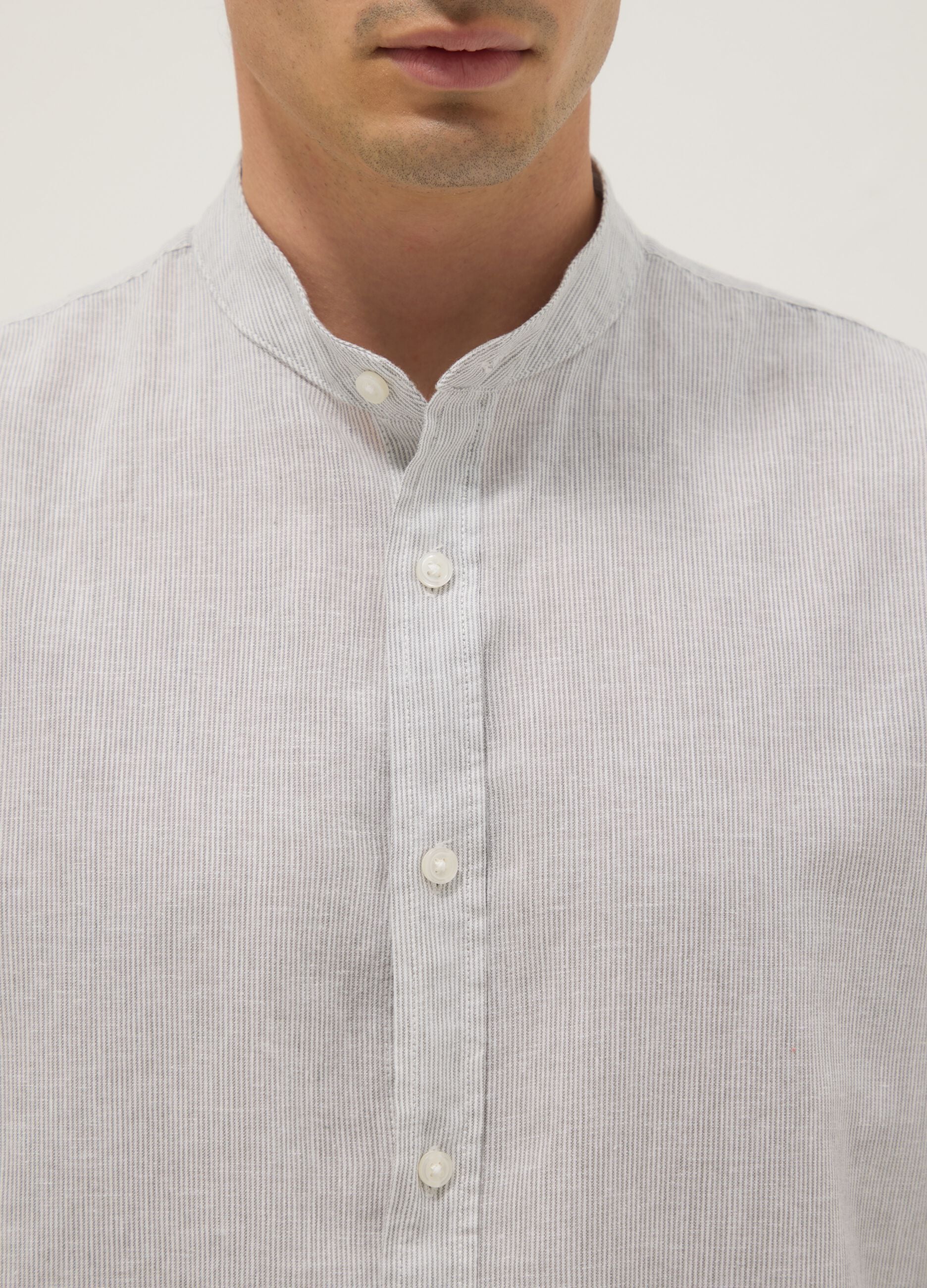 Multicolour striped shirt with mandarin collar in linen-cotton blend regular fit