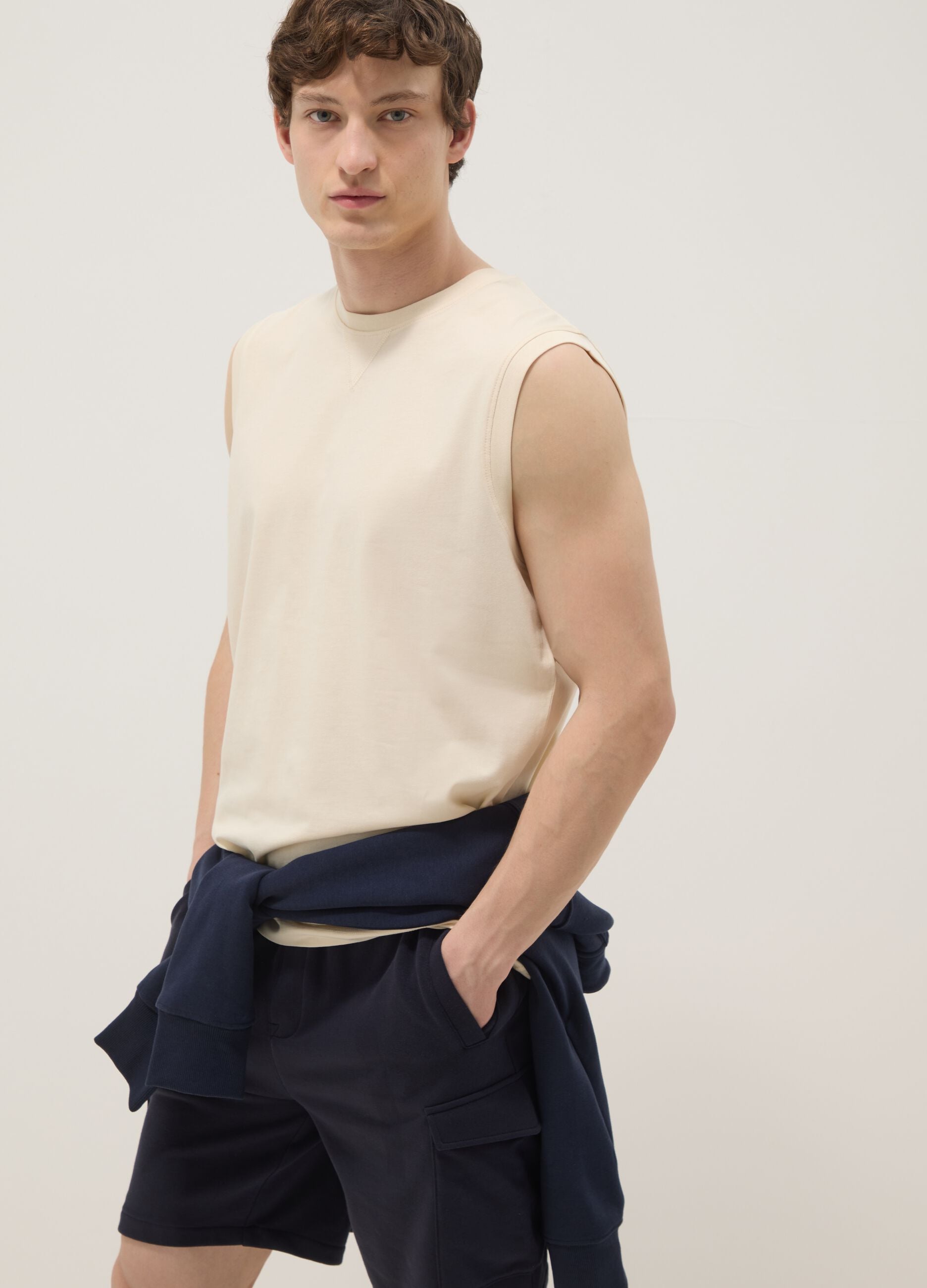Beige crew-neck pure cotton vest top, relaxed fit