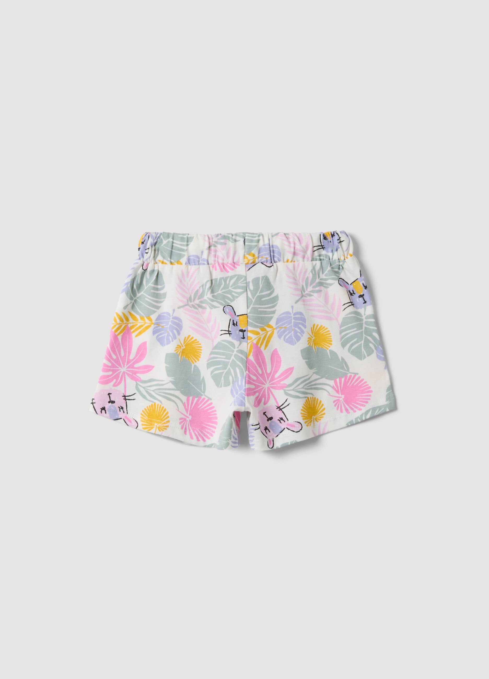 White pure organic cotton floral-print shorts for baby girl