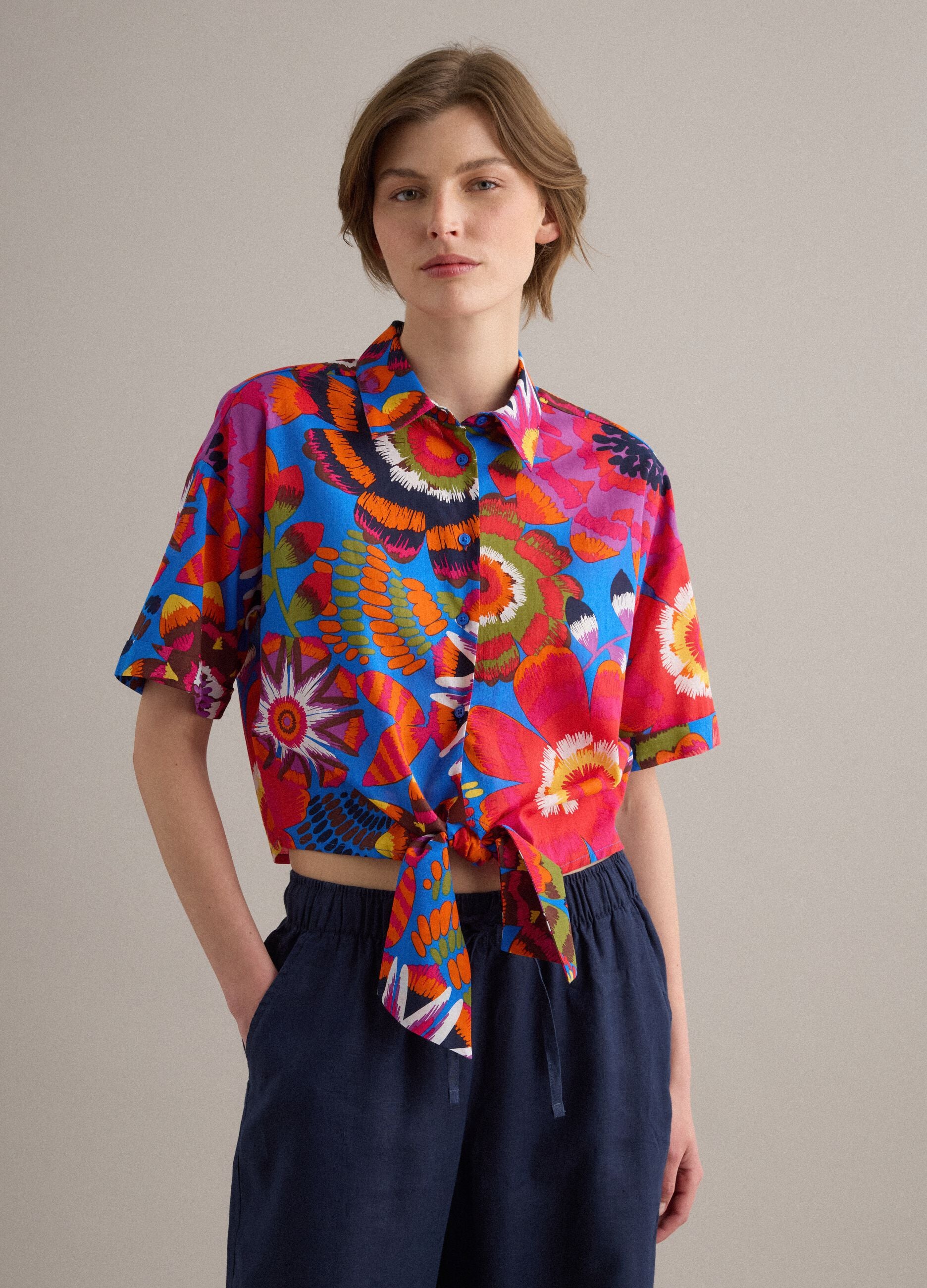 Multicoloured pure cotton crop shirt