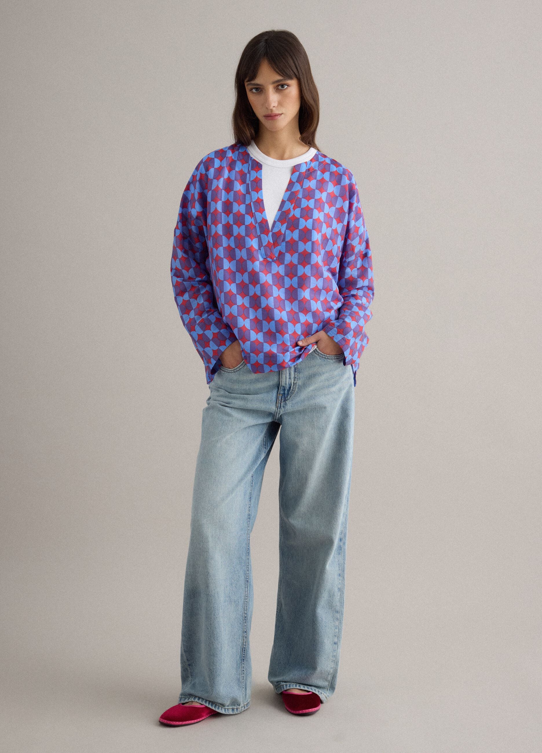 Multicolour Lyocell blend shirt, regular fit, deep V