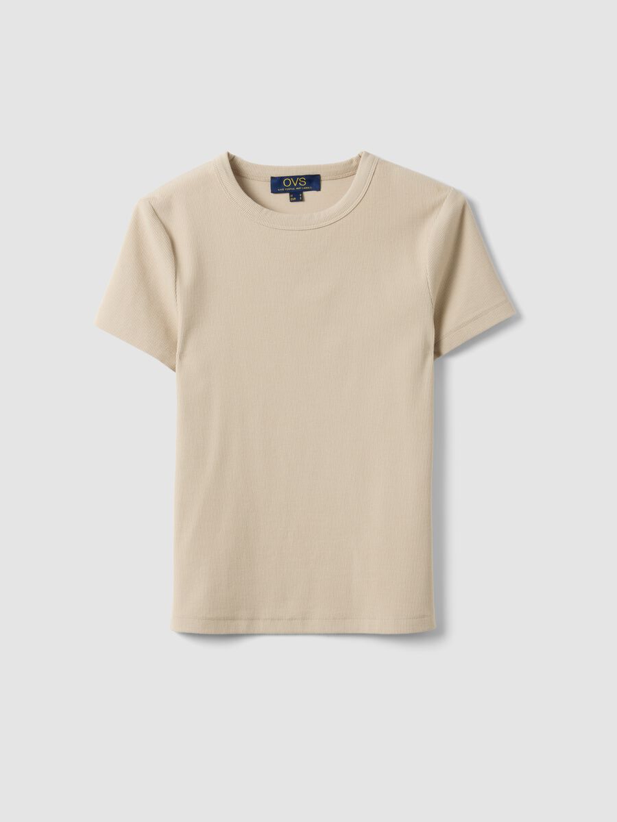 Beige fitted short-sleeve stretch cotton T-shirt_4