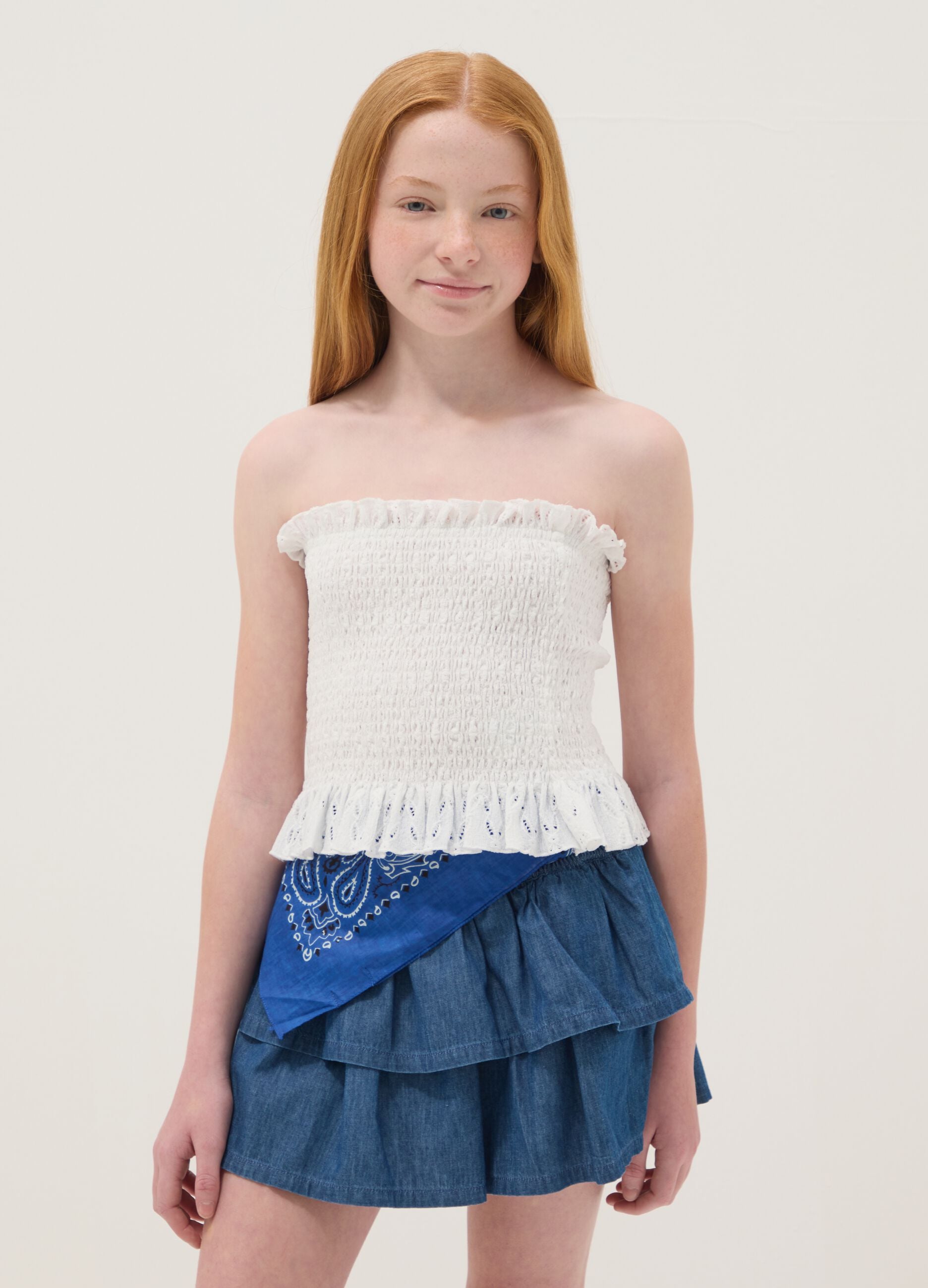 White ruched stretch-fabric top