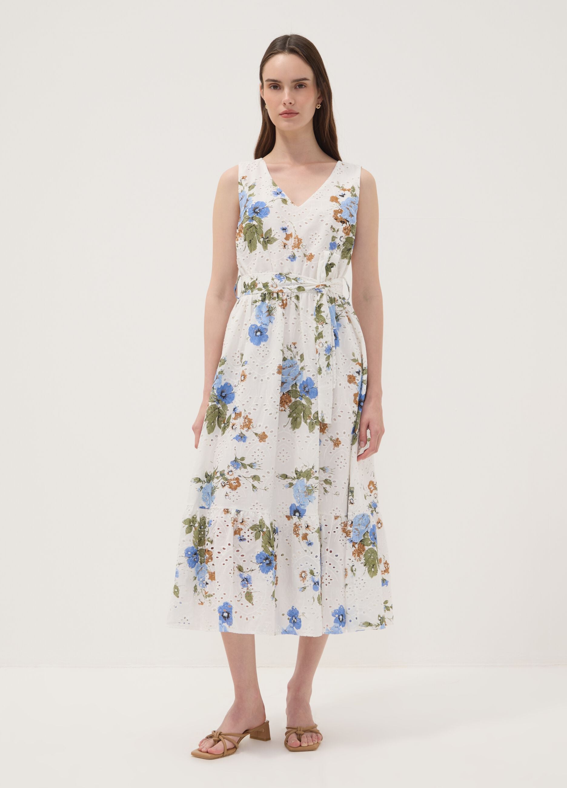 White pure cotton dress with floral print, regular fit