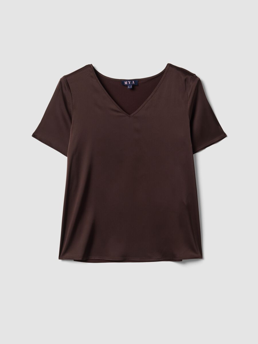 Brown satin V-neck stretch blouse, regular fit_4
