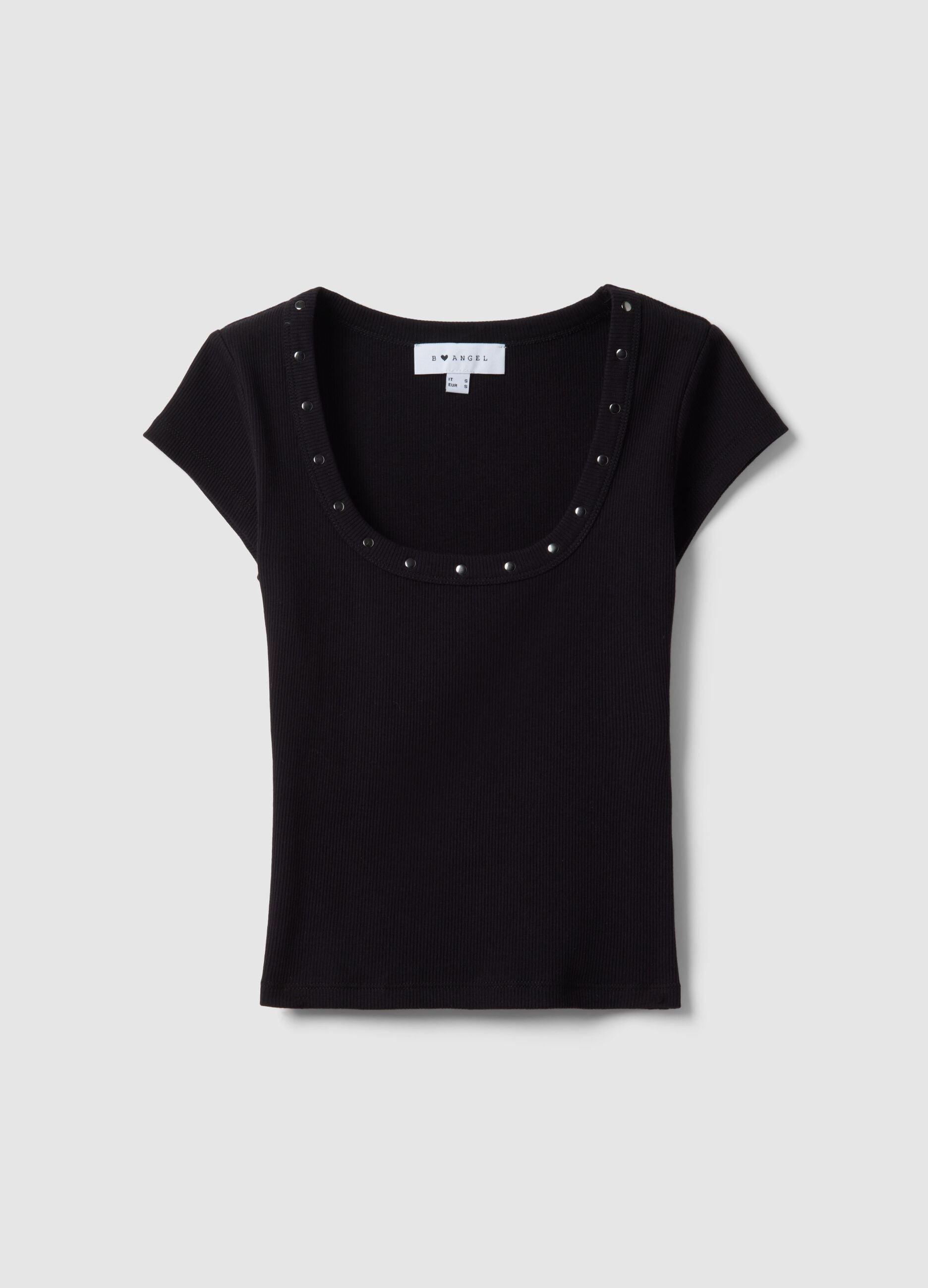 Black slim fit stretch cotton t-shirt with studs on the collar