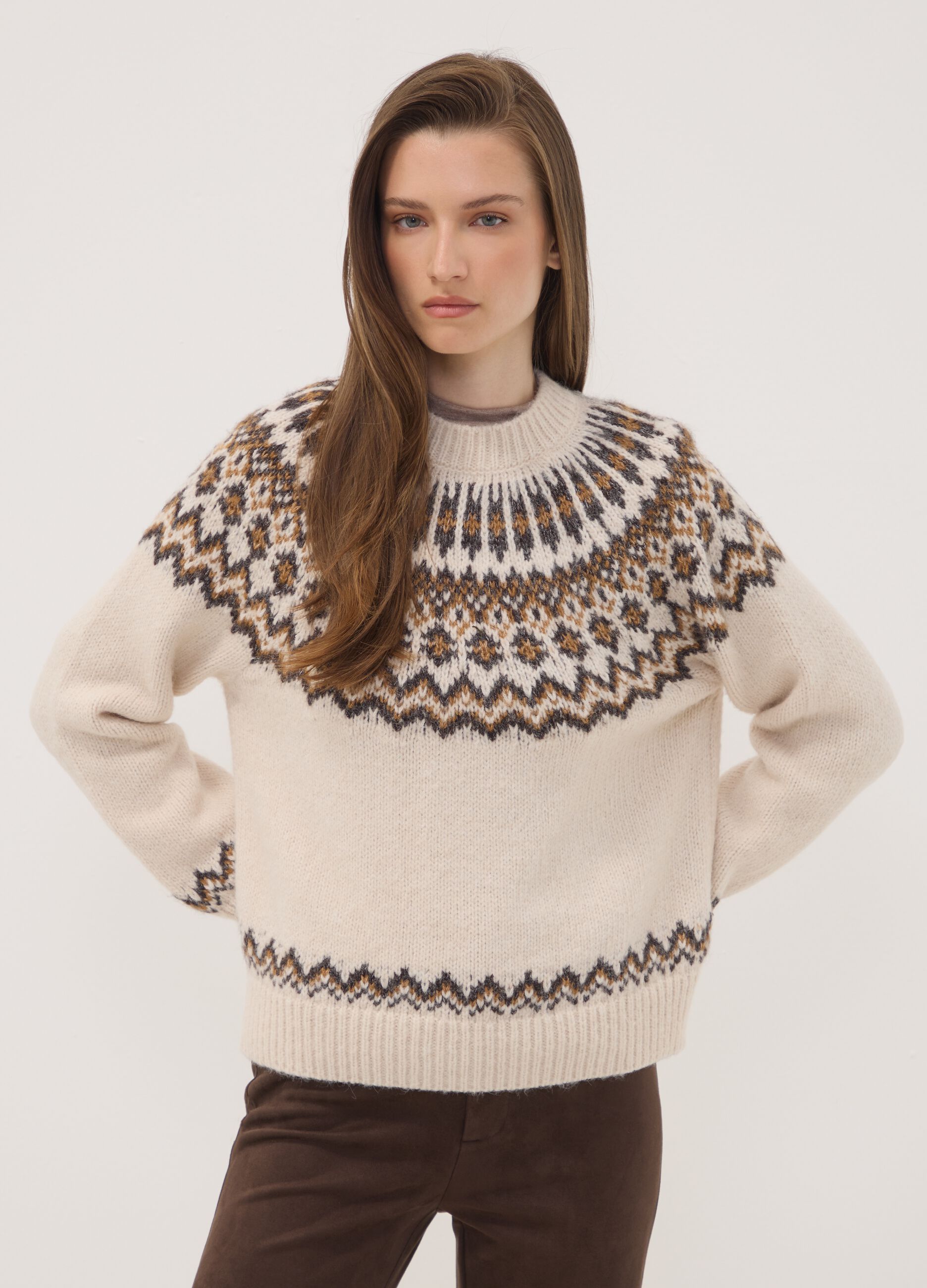 Beige Jacquard Jumper with High Neck