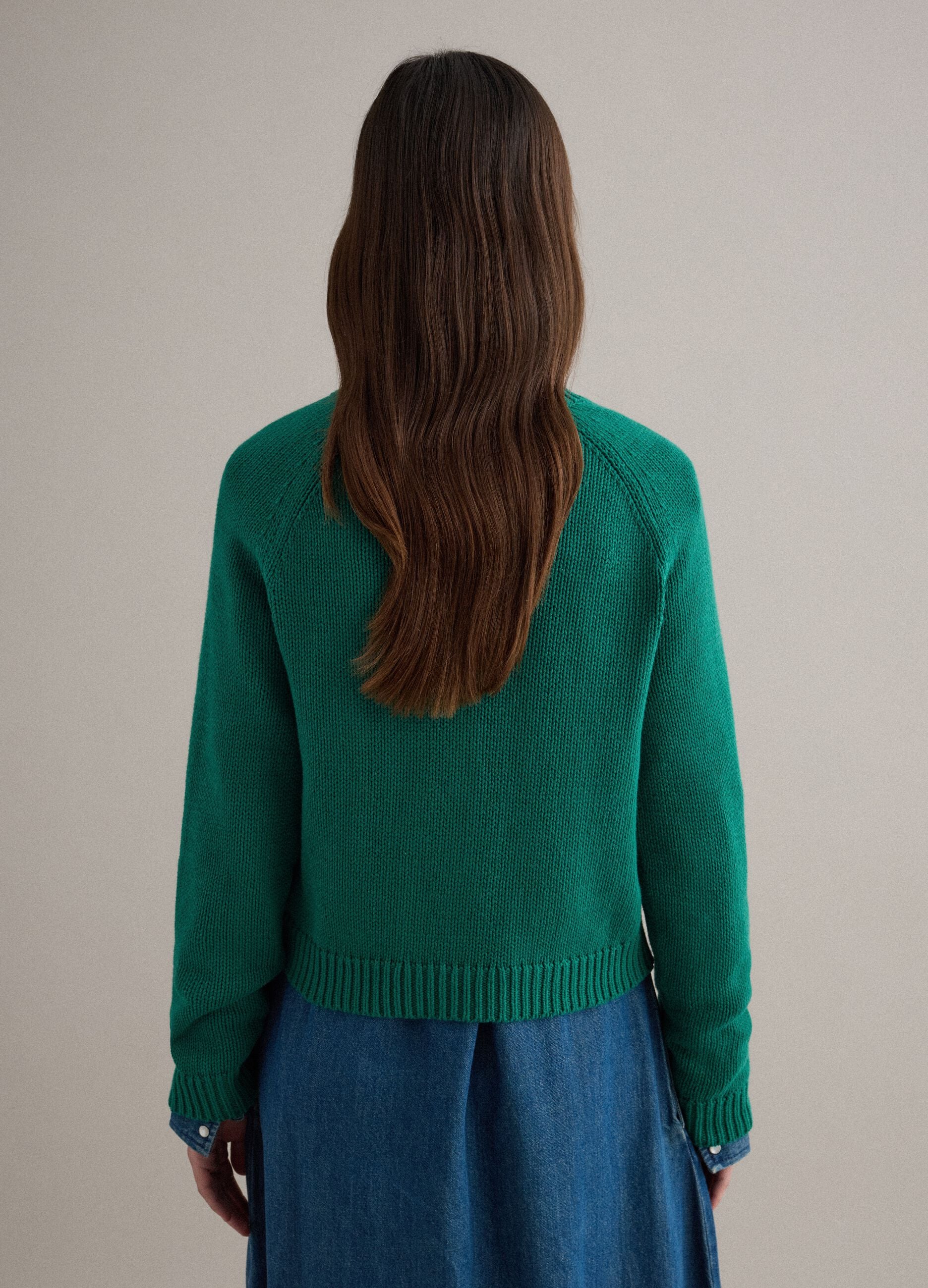 Green crew neck pullover in pure cotton regular fit