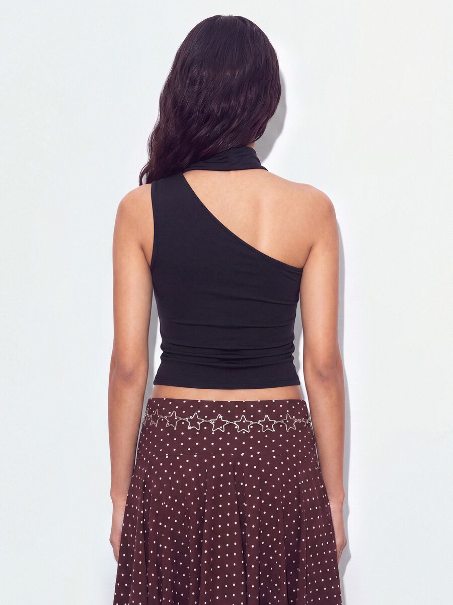 Black stretch top with asymmetric neckline and draped band_3