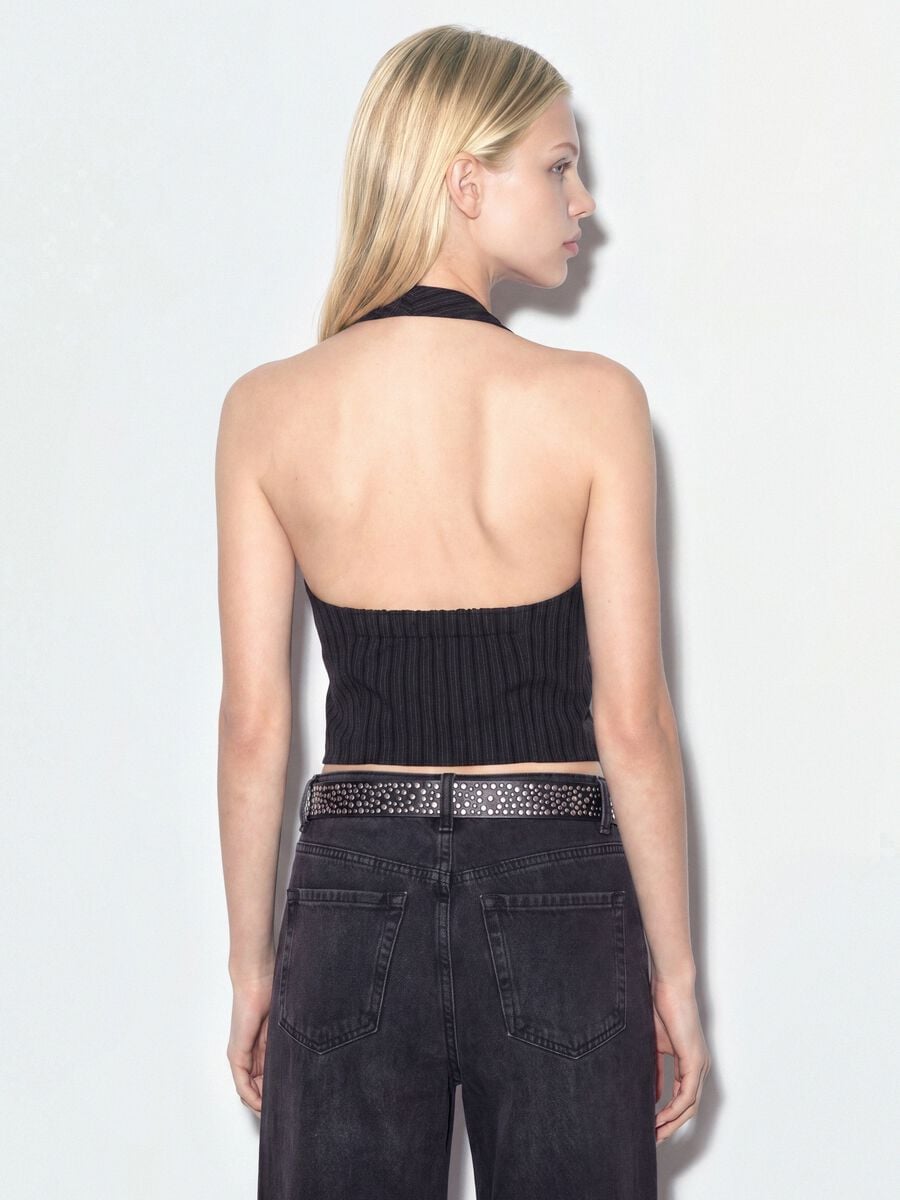 Black cropped vest in stretch striped viscose_2