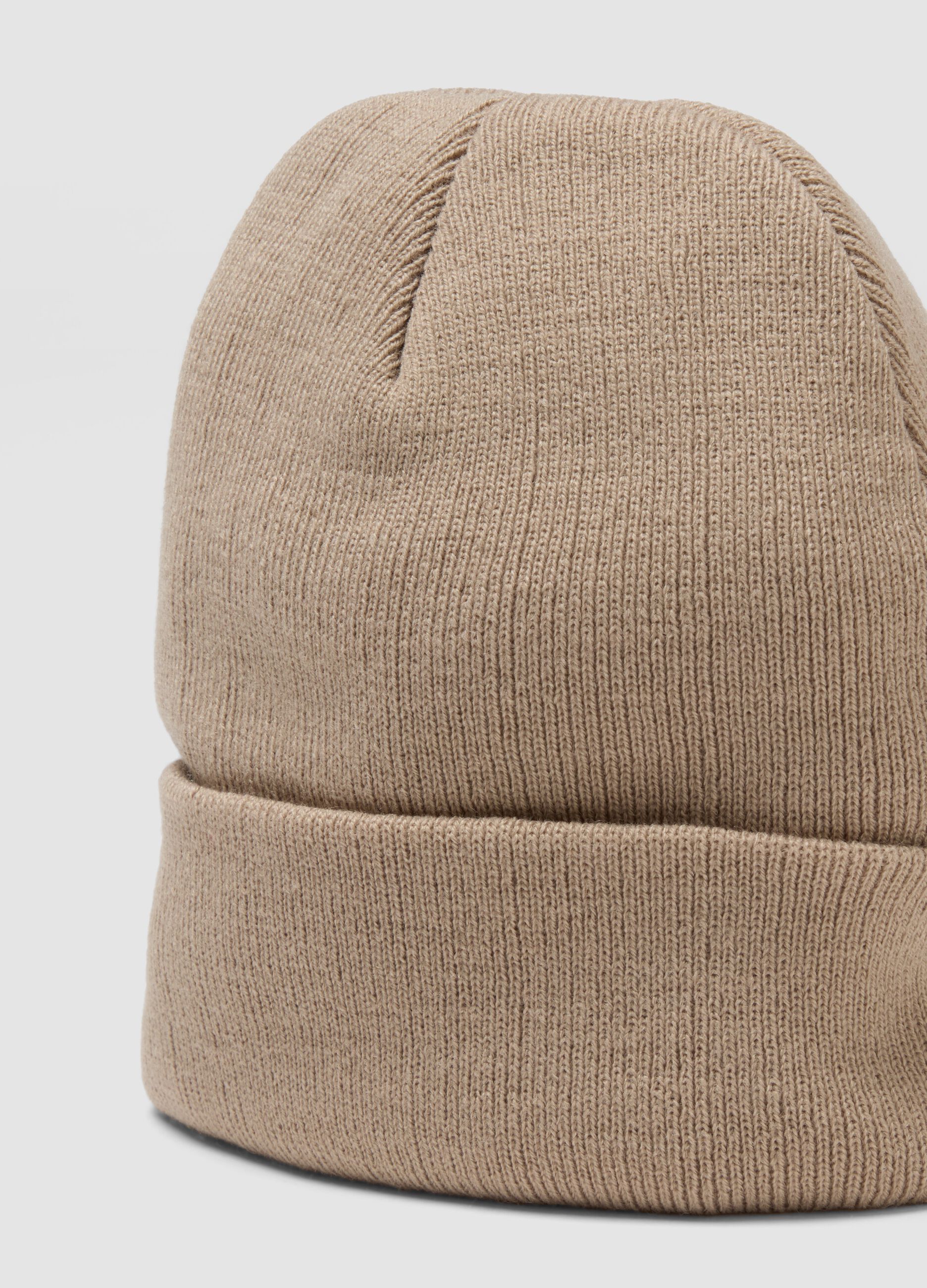 Beige jersey knit beanie with turn-up cuff
