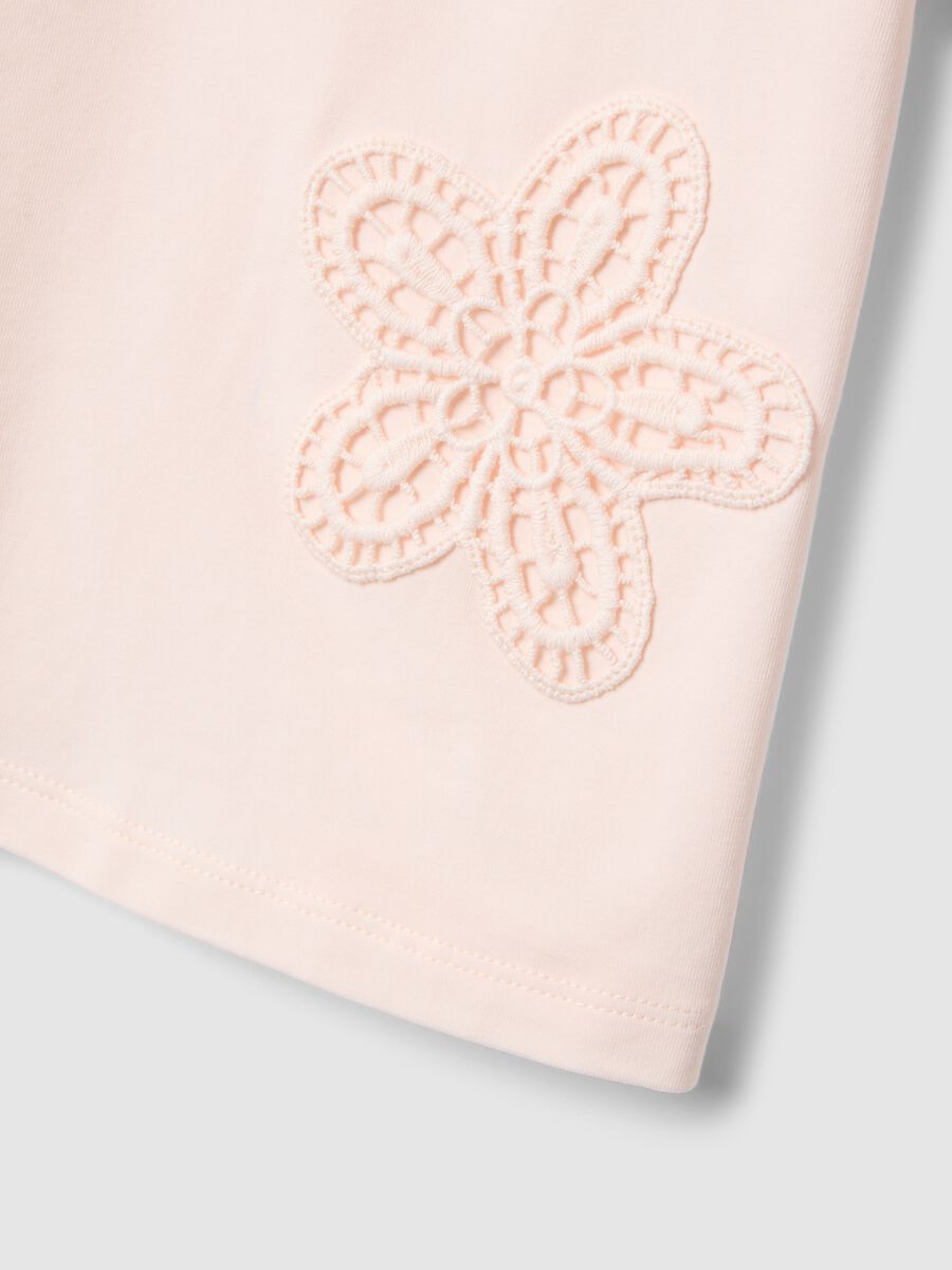 Girls' Pink Stretch Cotton T-shirt with Floral Embroidery_3