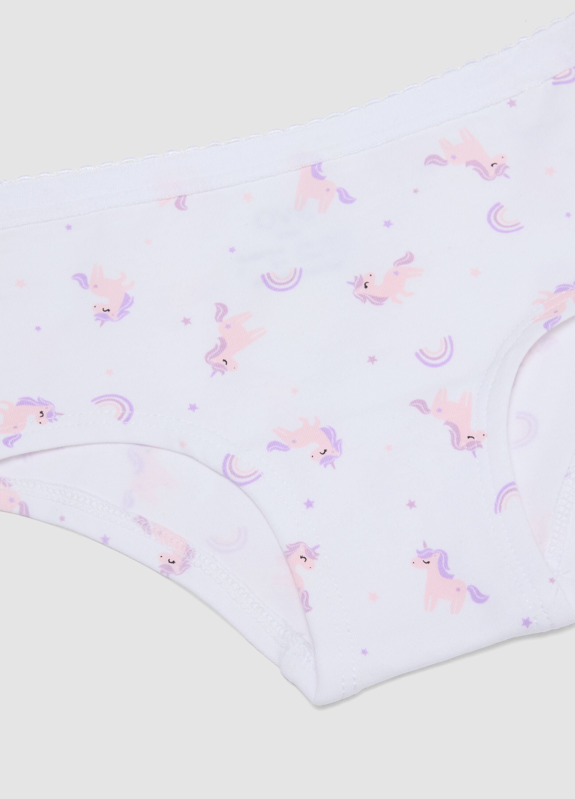 White stretch organic cotton culotte briefs with unicorn print