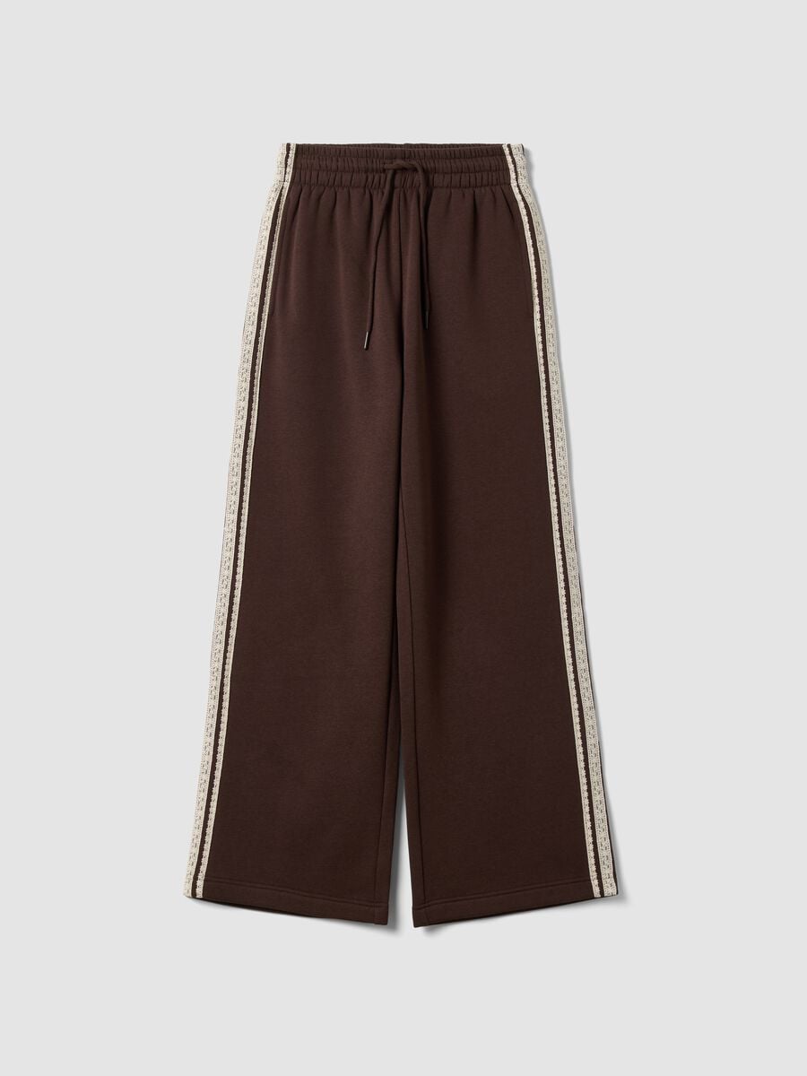 Brown cotton-blend wide-leg trousers with lace detailing_0
