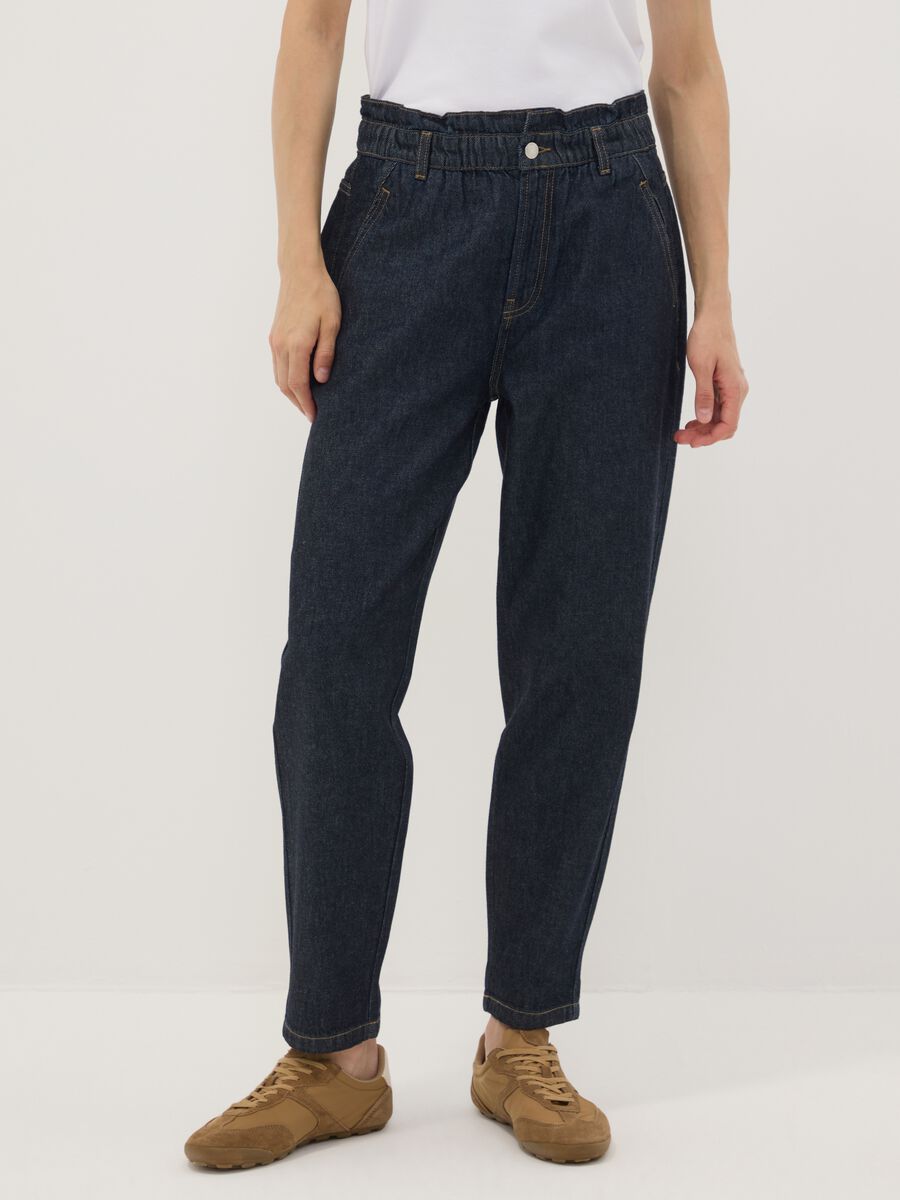 Blue denim baggy-fit pure cotton jeans with paper-bag waist_1
