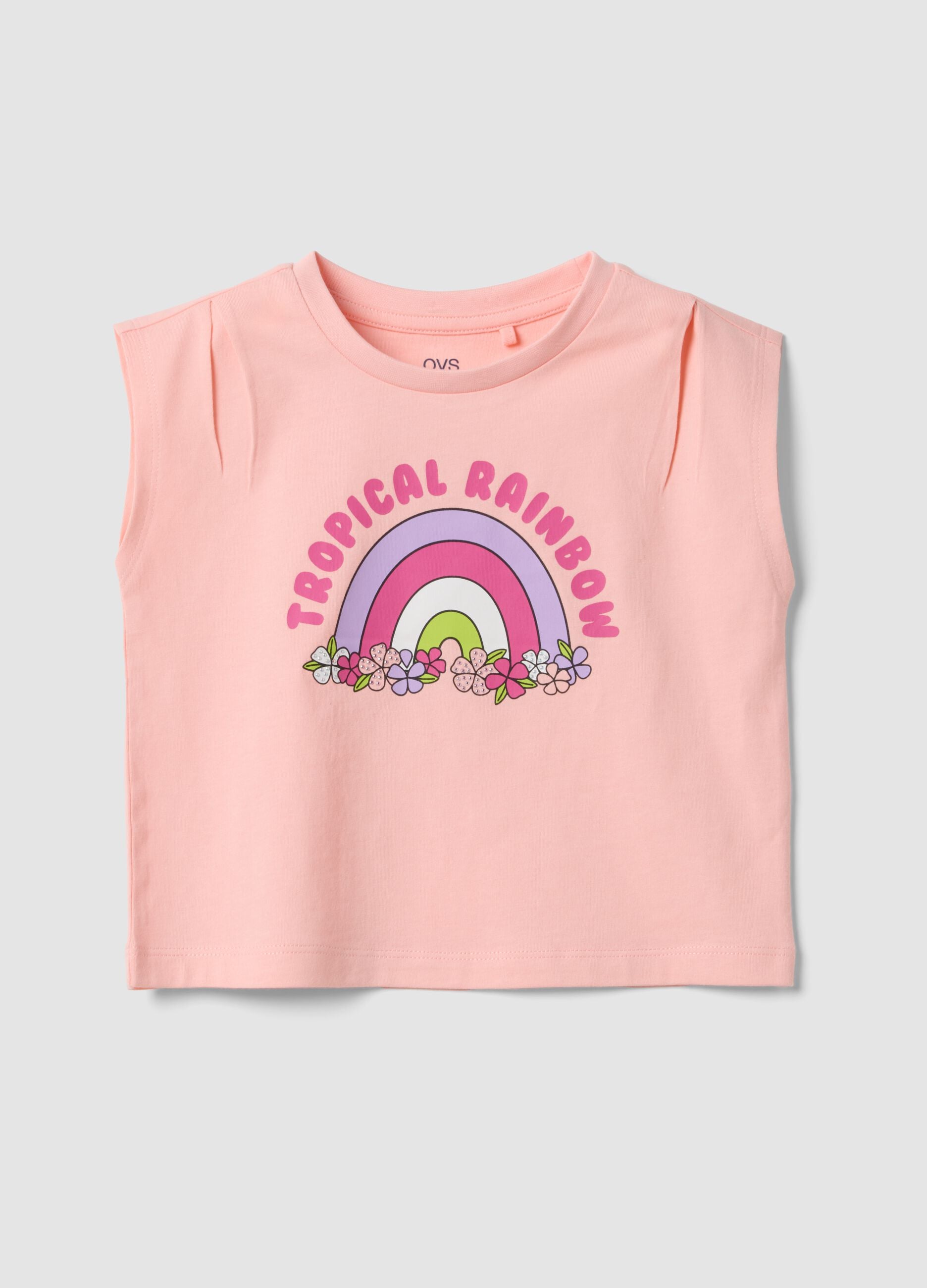 Pink pure cotton vest top with rainbow print