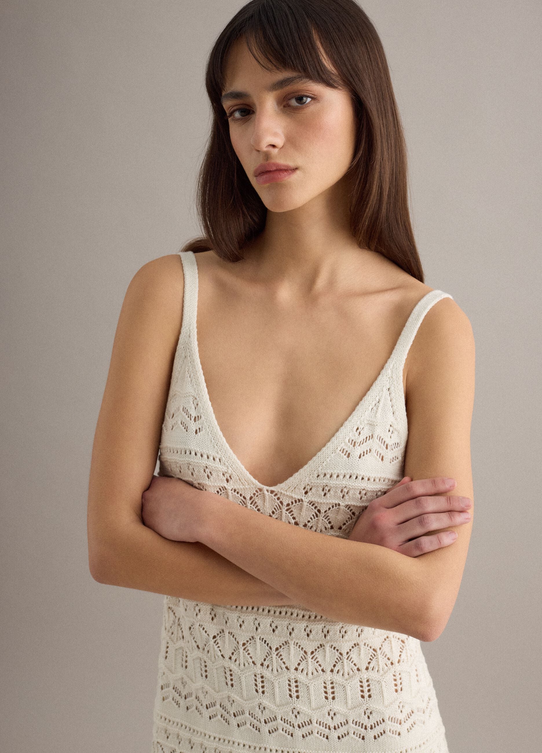 Long white pure cotton slim fit dress with mesh texture