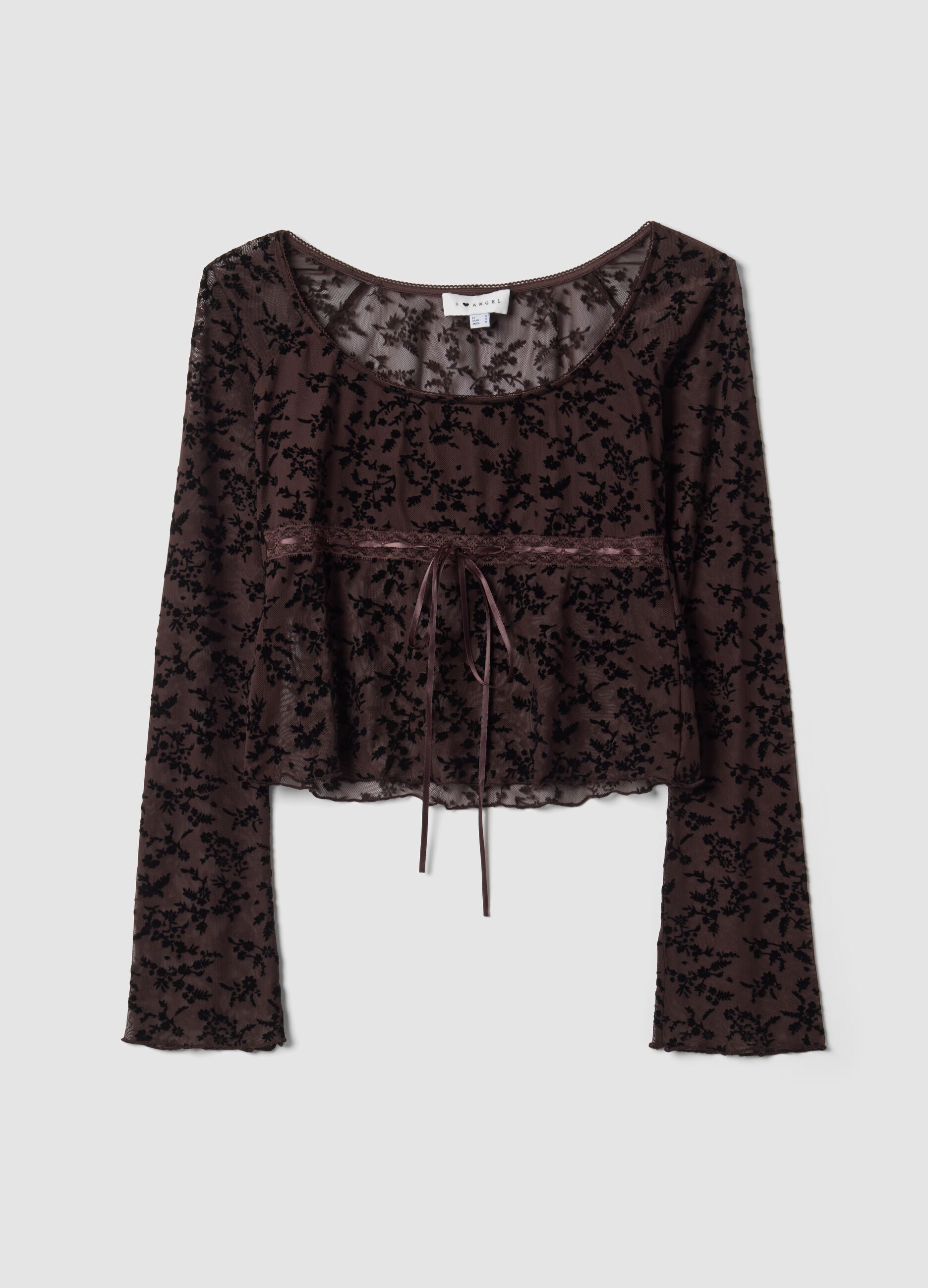 Brown stretch T-shirt with flocked floral pattern