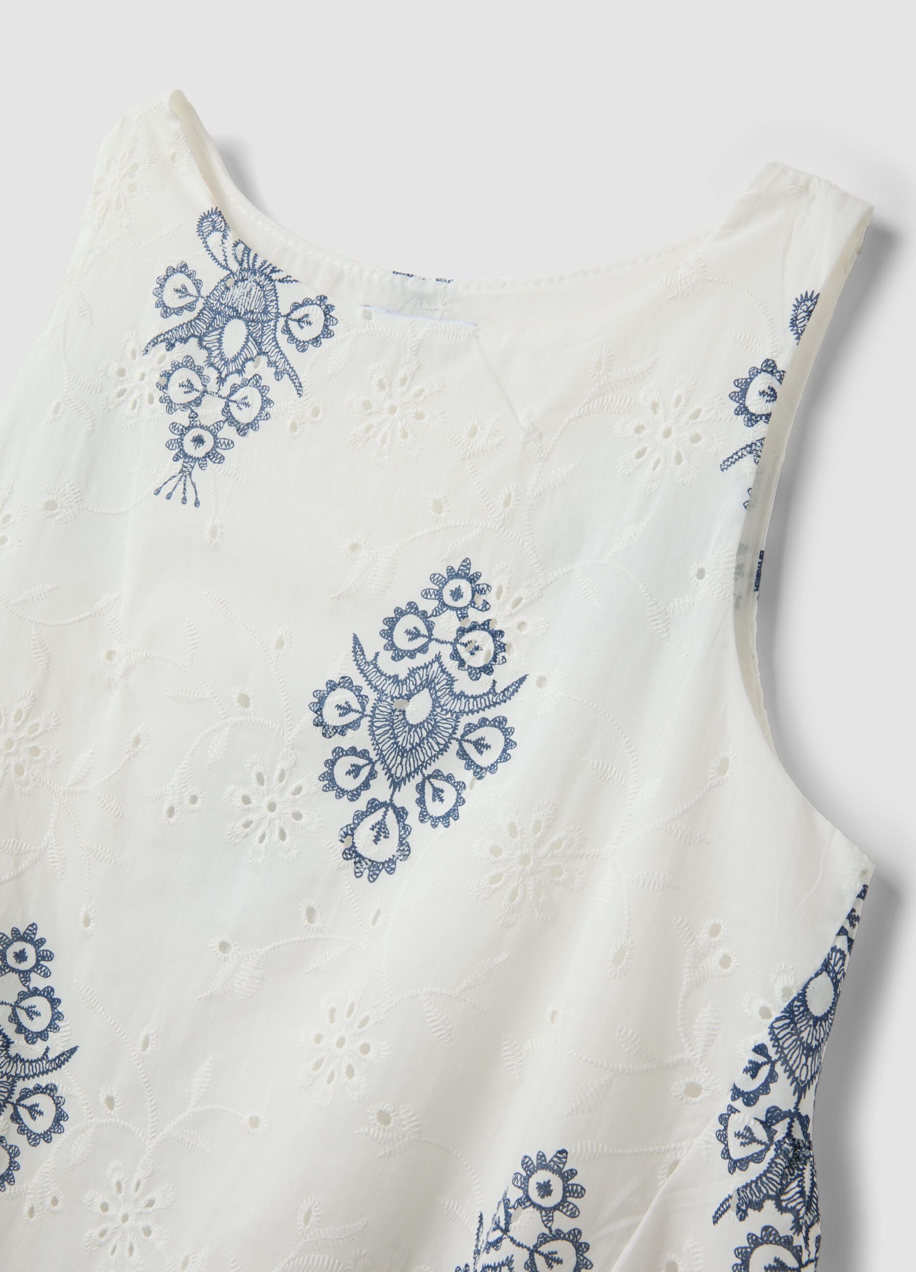 White broderie anglaise pure cotton dress with blue embroidery, regular fit