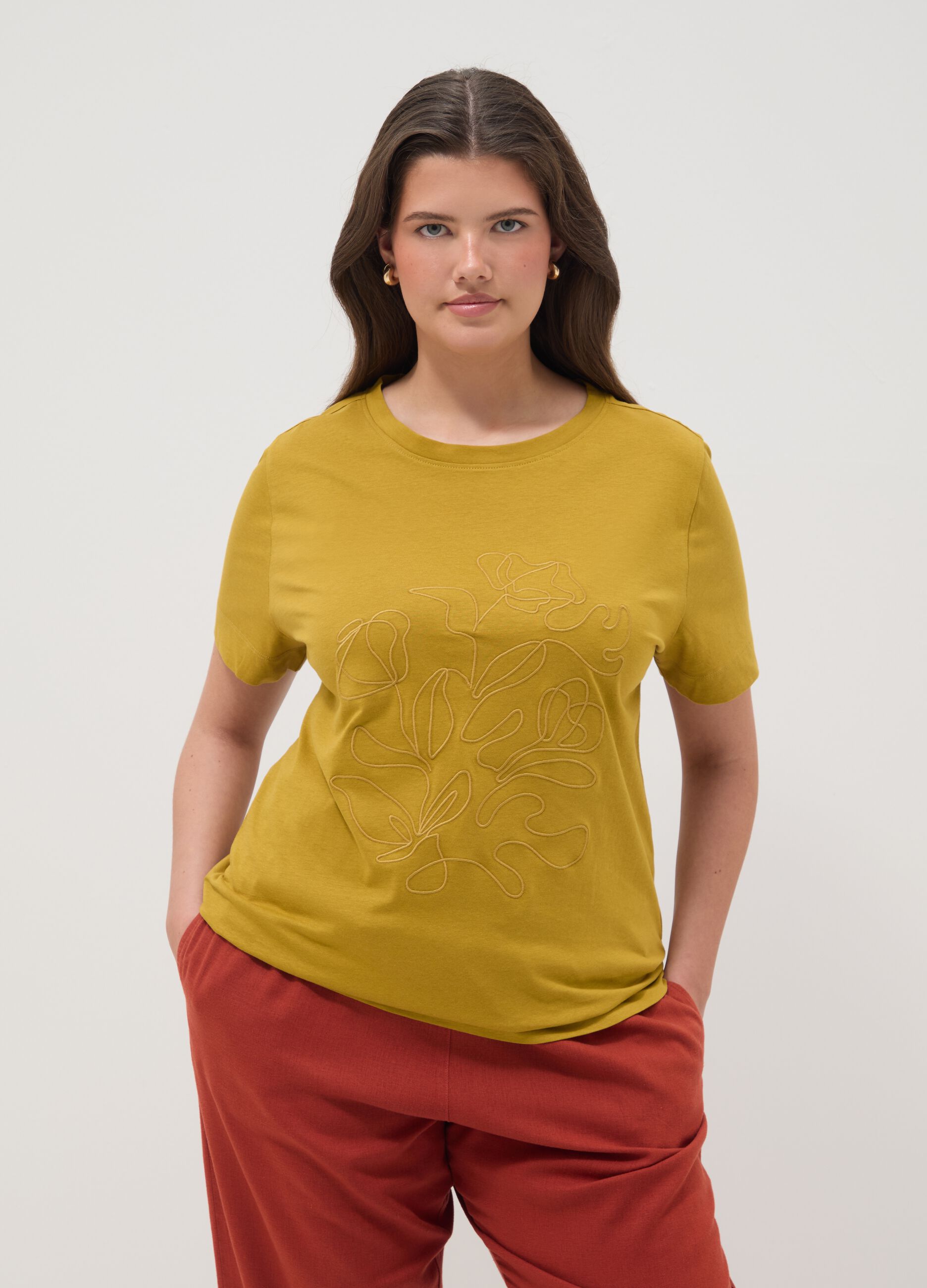 Yellow pure cotton regular fit T-shirt with floral embroidery