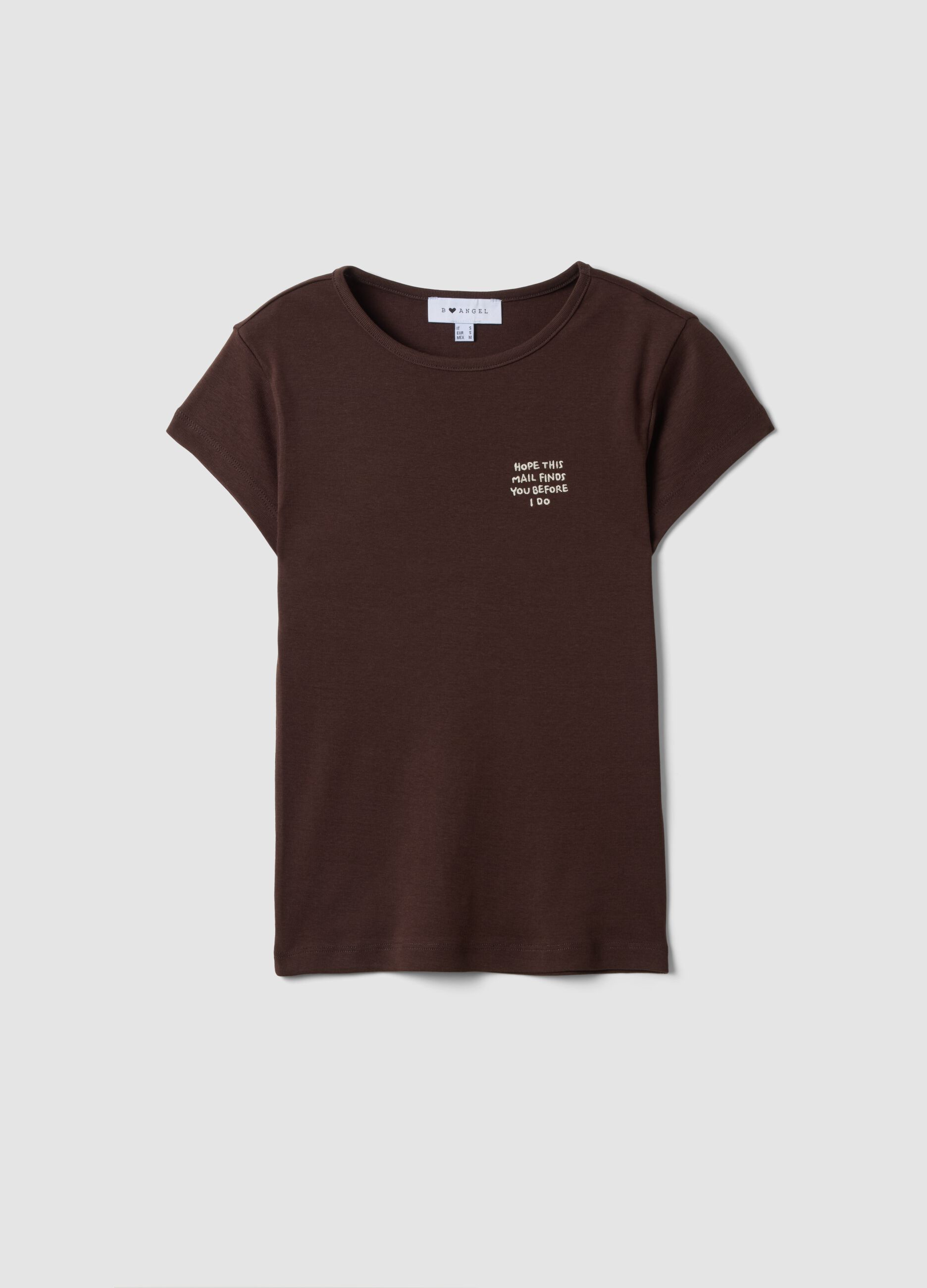 Brown pure cotton crew-neck T-shirt with slogan