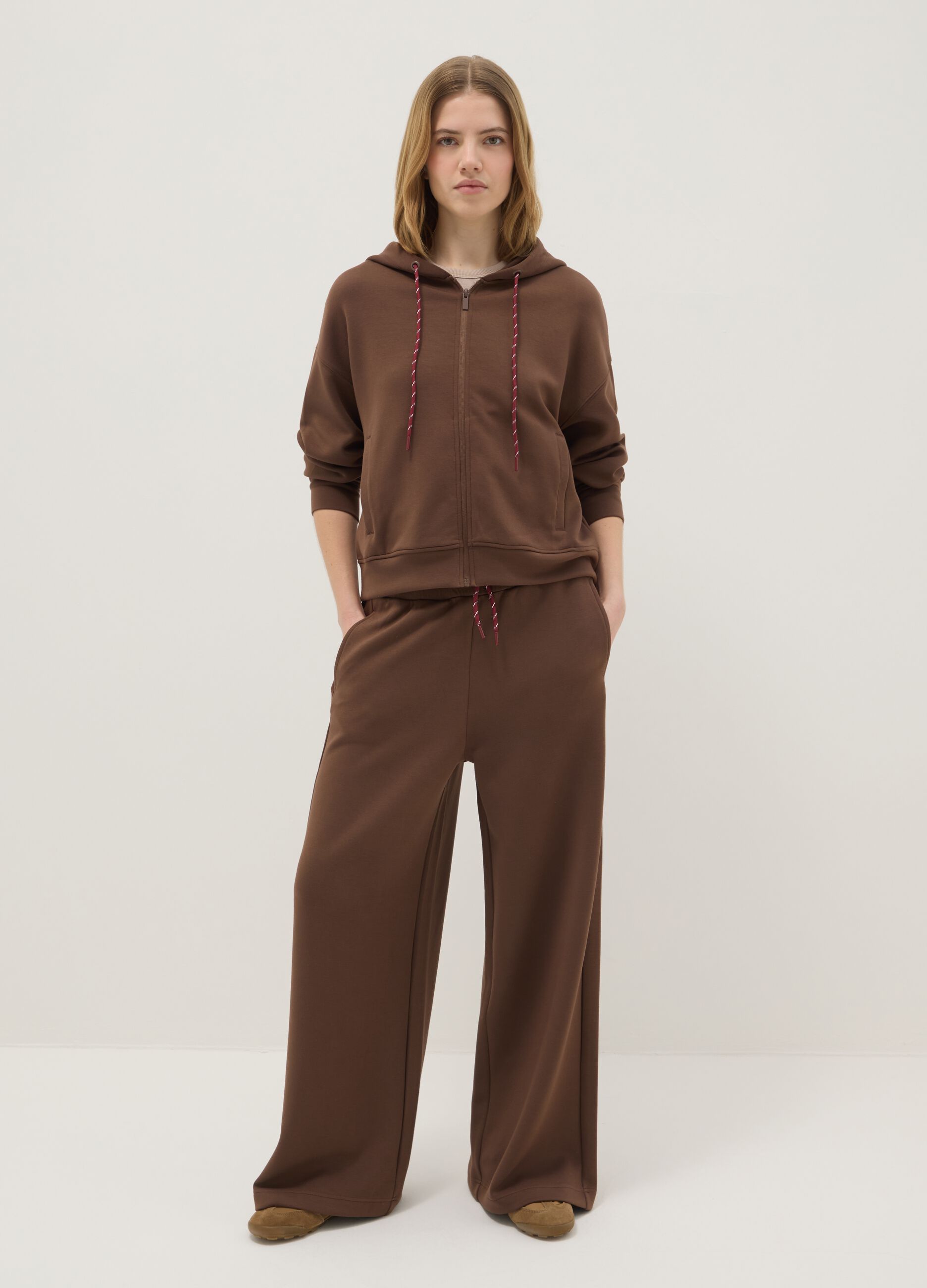 Brown modal blend regular fit hoodie with full zip