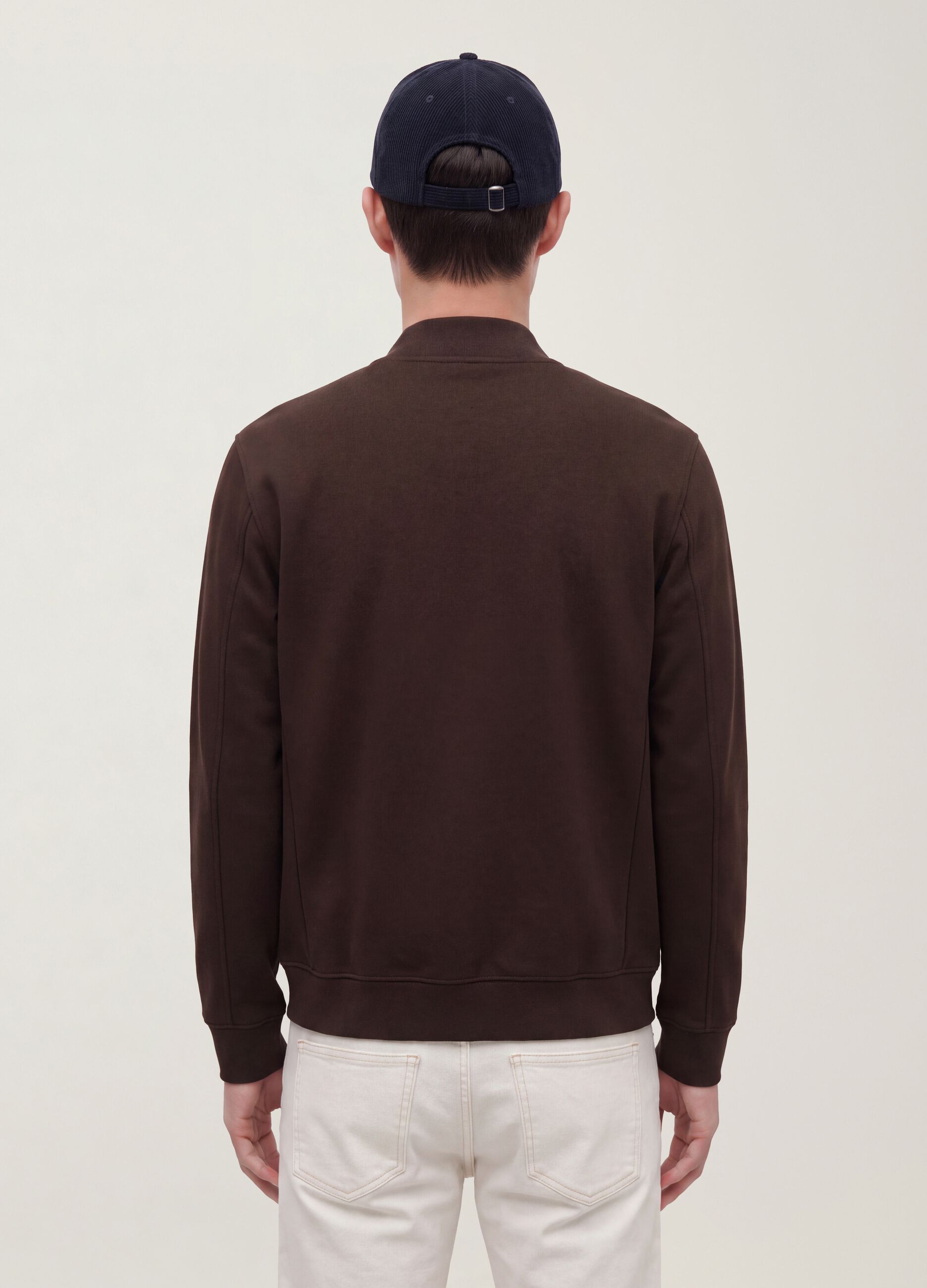 Brown full-zip sweatshirt in stretch piqu&eacute; with ribbed collar