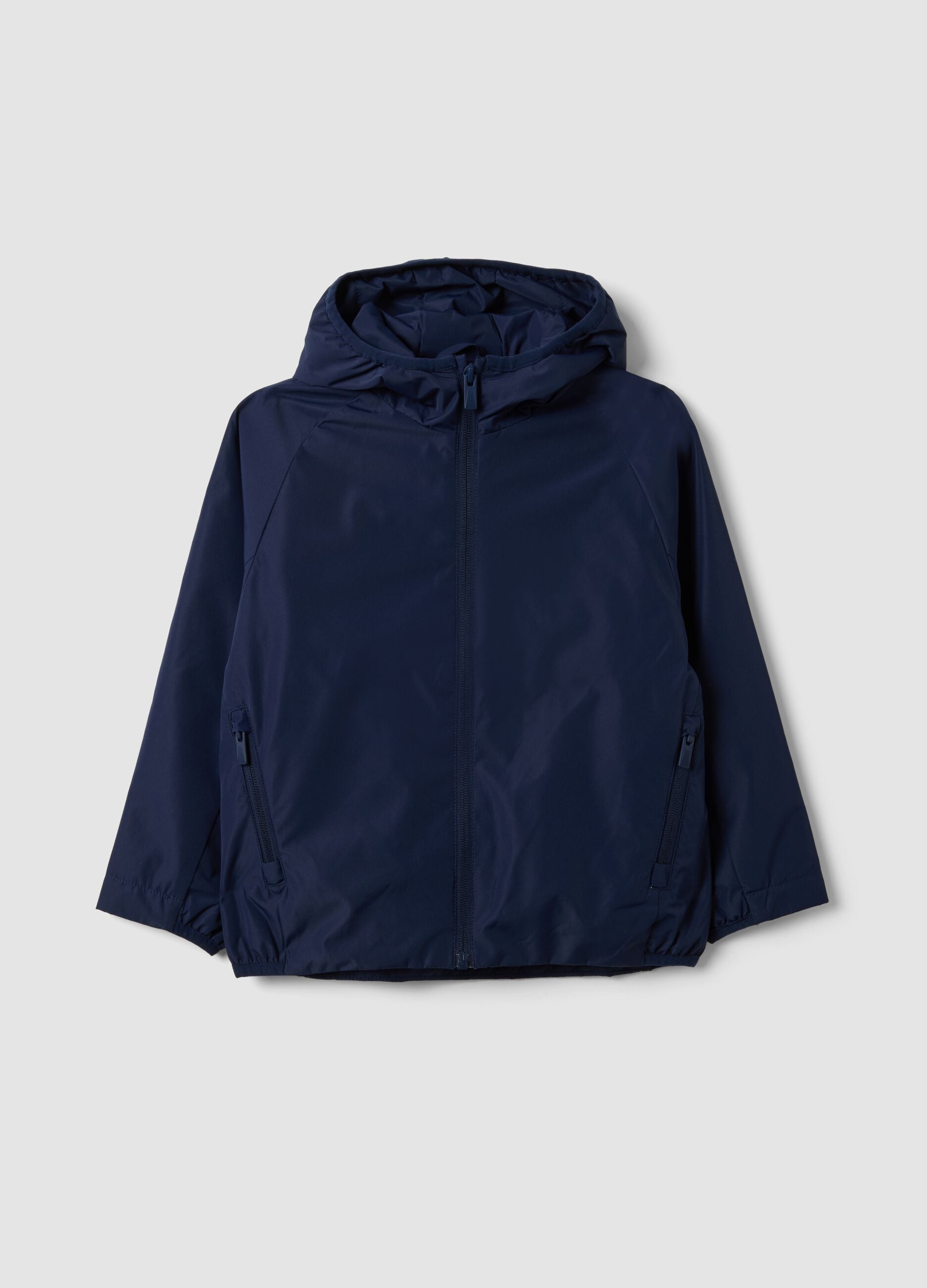 Blue kids&rsquo; rain jacket with hood and zip