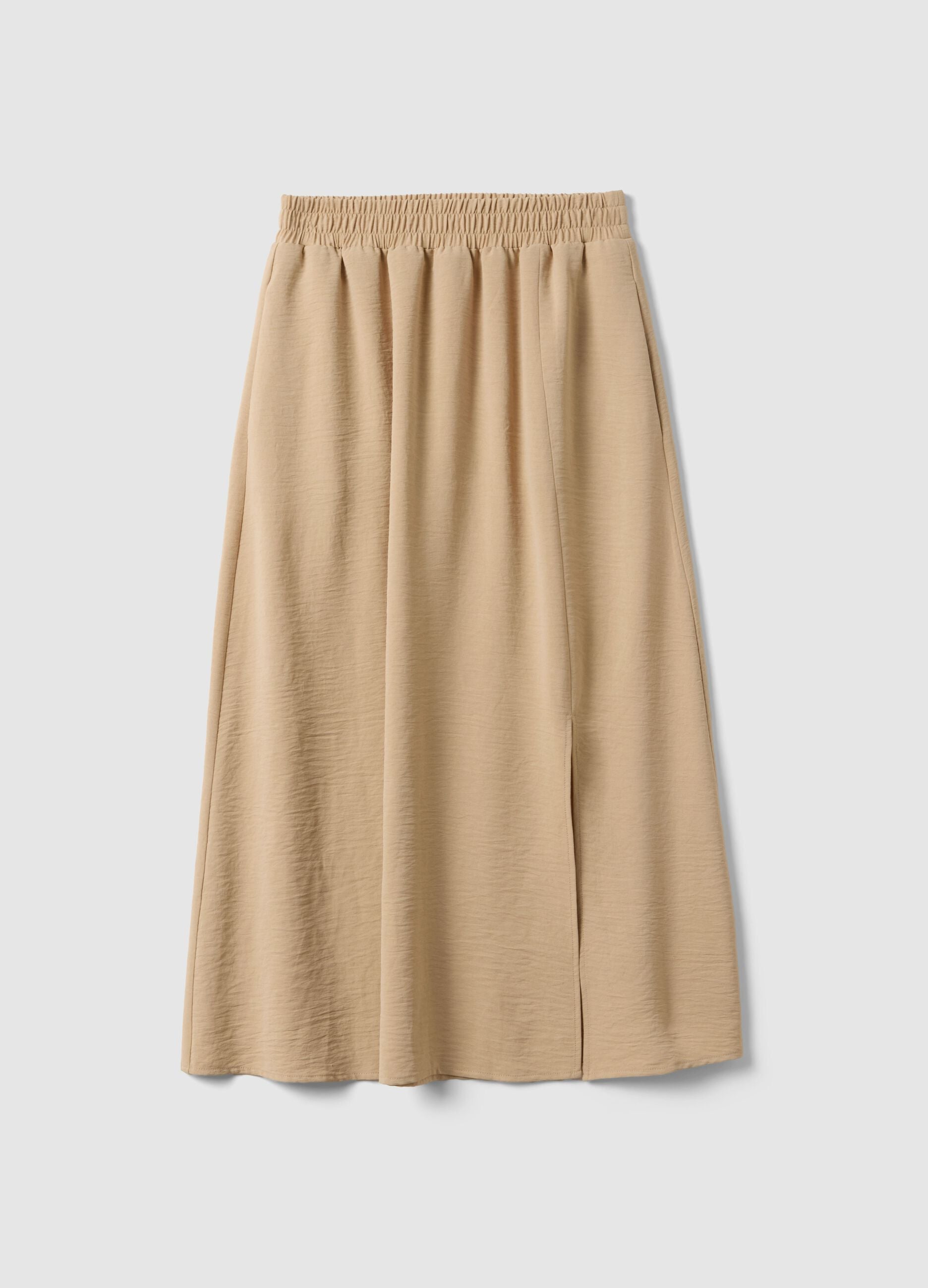 Beige long skirt, regular fit with elasticated waist and slit