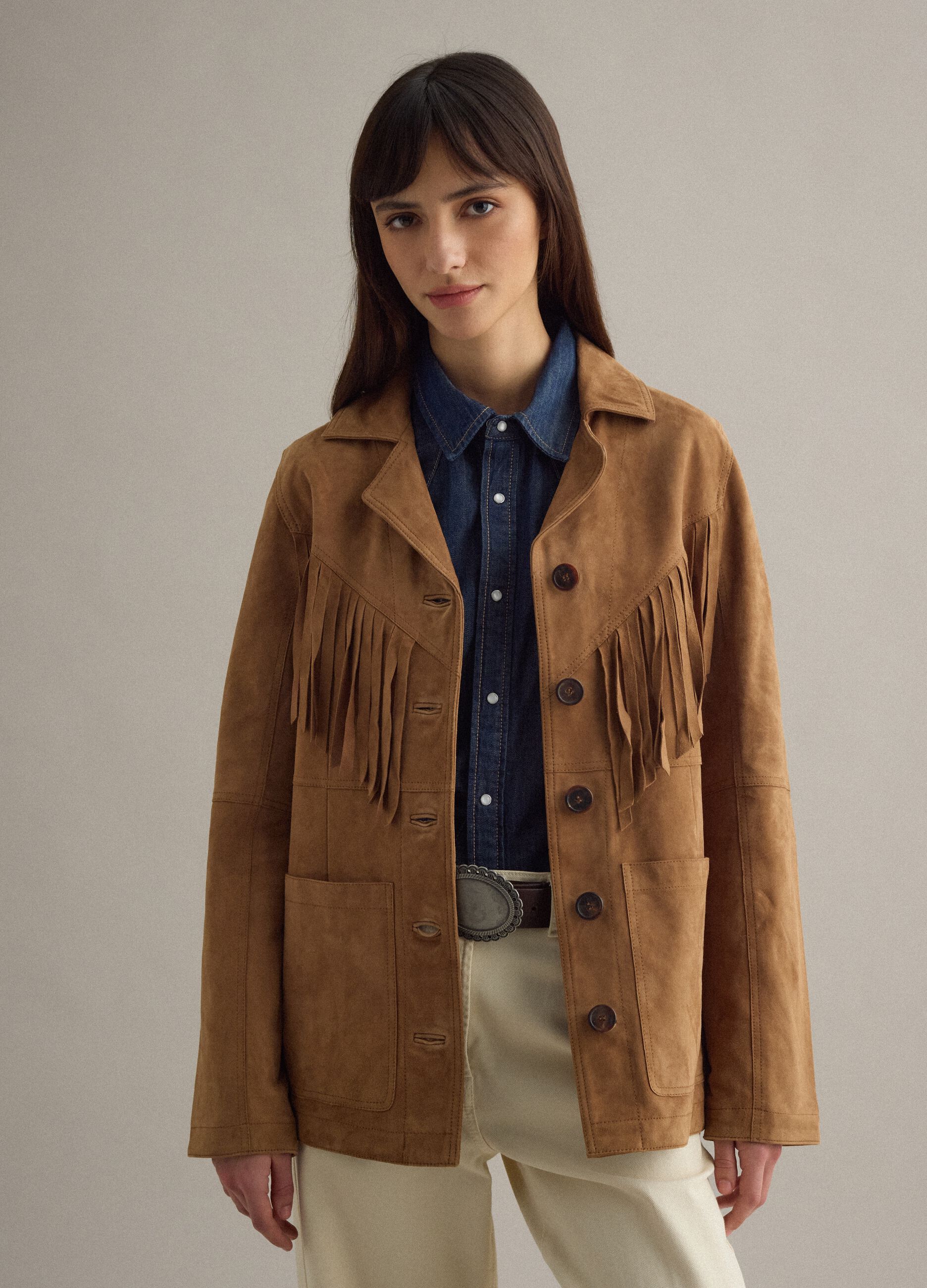 Brown genuine leather jacket regular fit with fringes