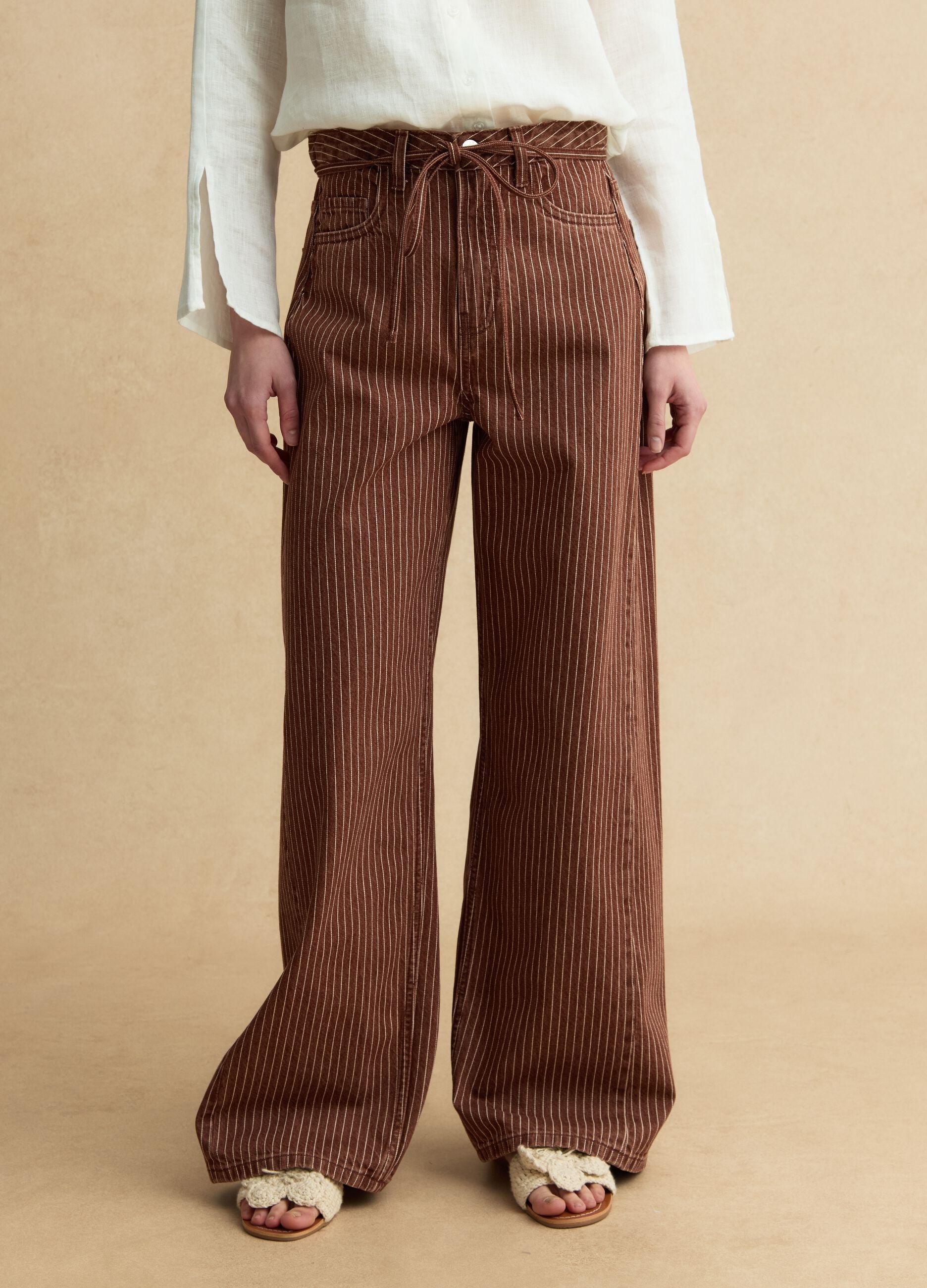 Brown striped wide-leg trousers in pure cotton