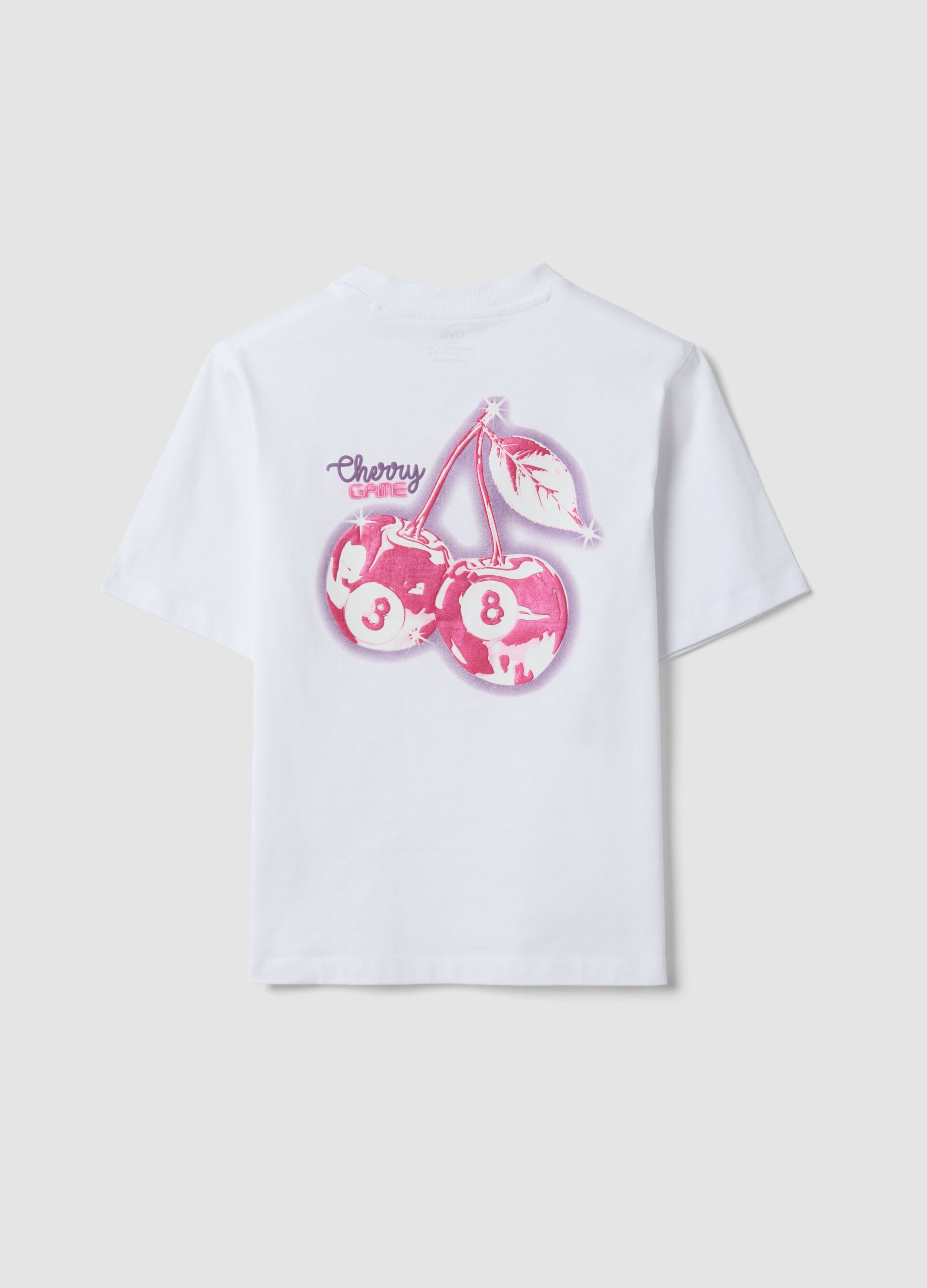White pure cotton T-shirt with ribbed neckline and cherry print