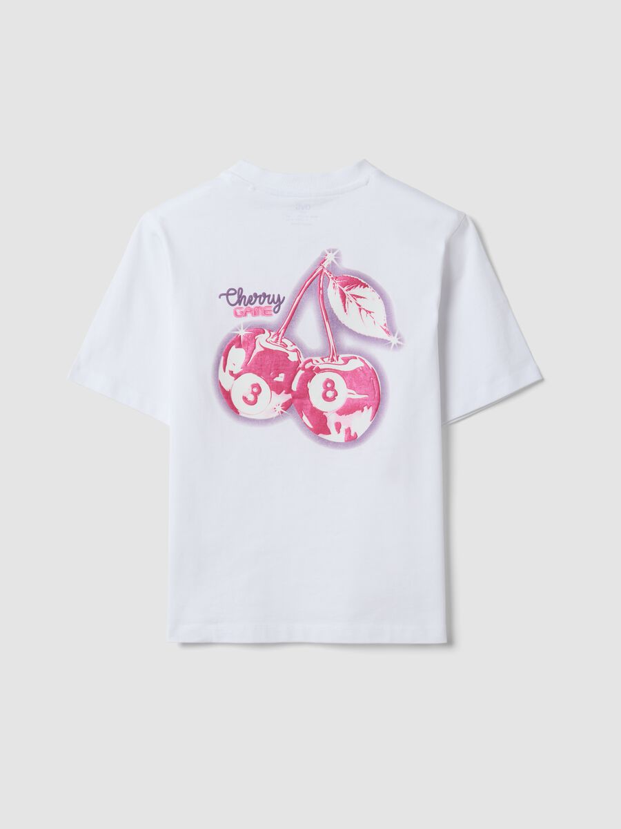 White pure cotton T-shirt with ribbed neckline and cherry print_2