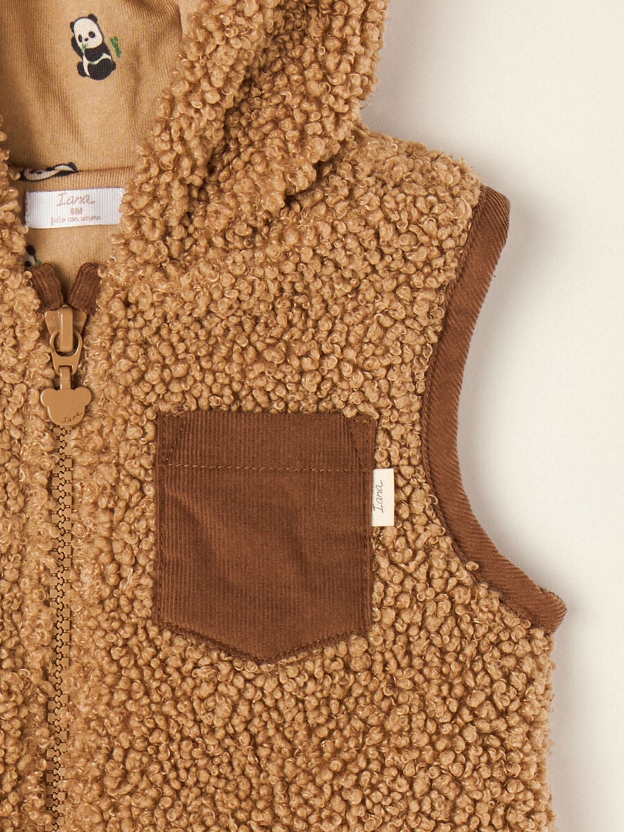 Gilet marrone con cappuccio effetto teddy_1