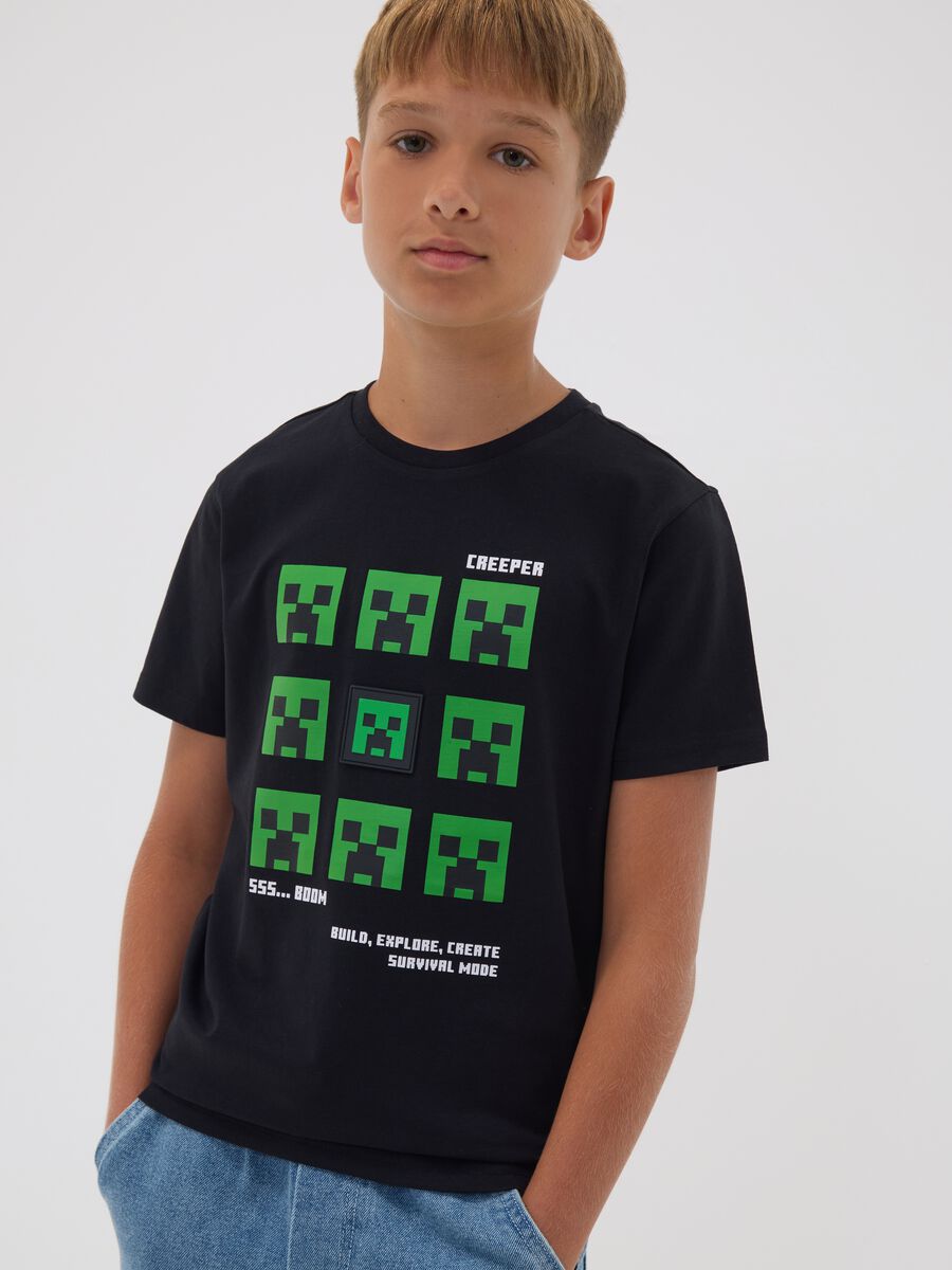 T-shirt nera in puro cotone con stampa Minecraft per ragazzo_1