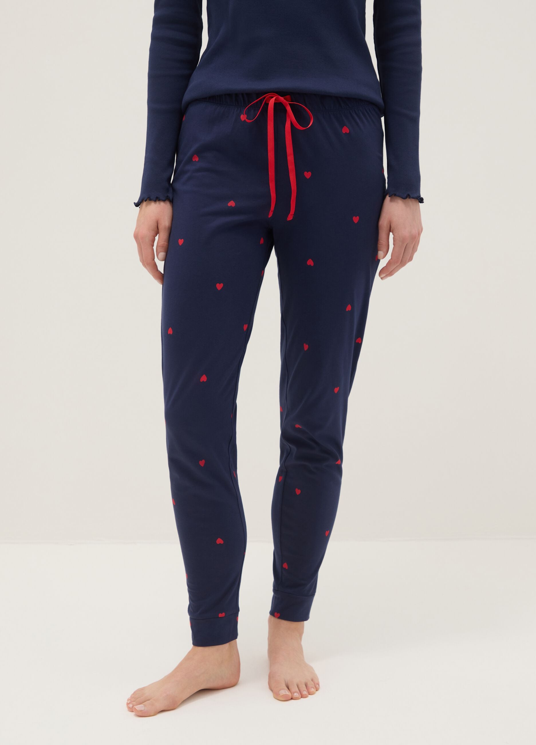 Blue pure cotton regular fit pyjama trousers with little hearts