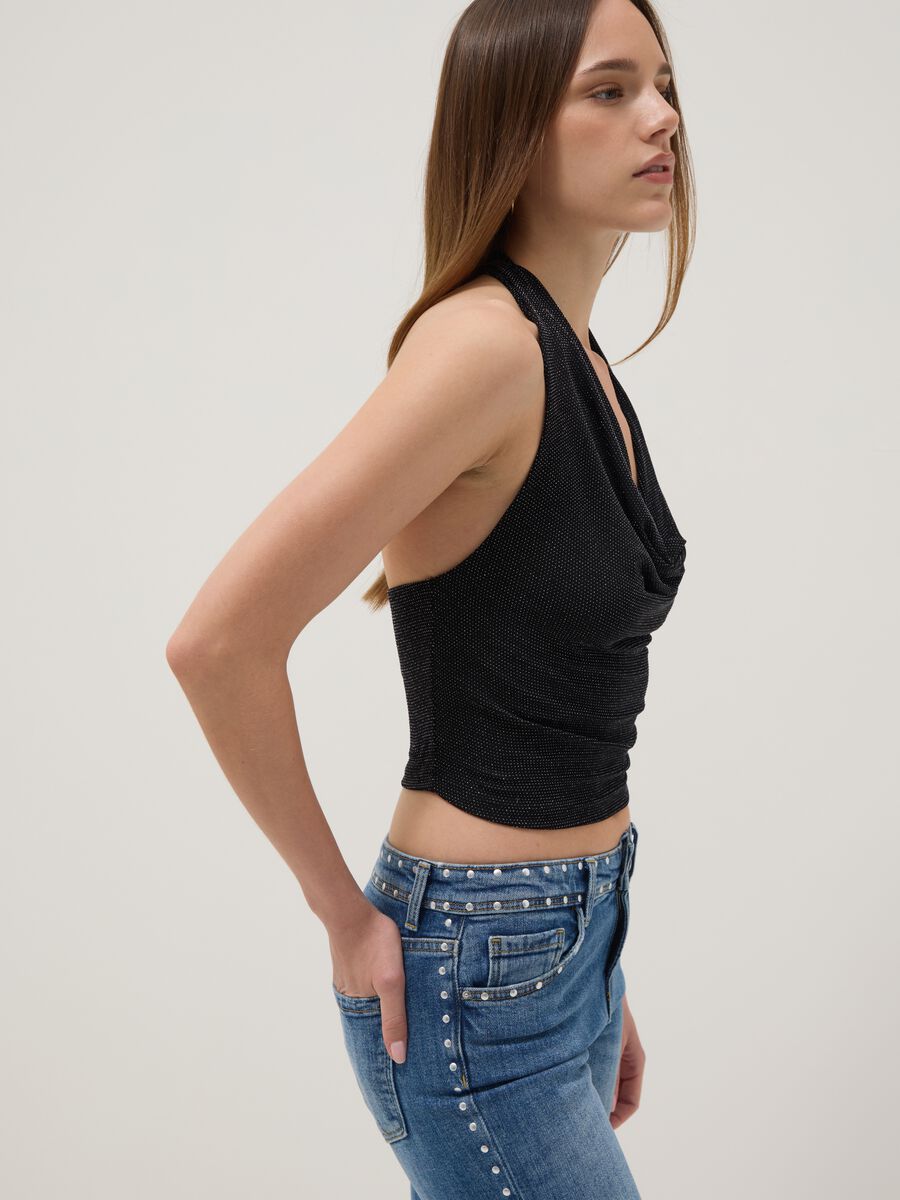 Top halter nero in tessuto elasticizzato regular fit_0
