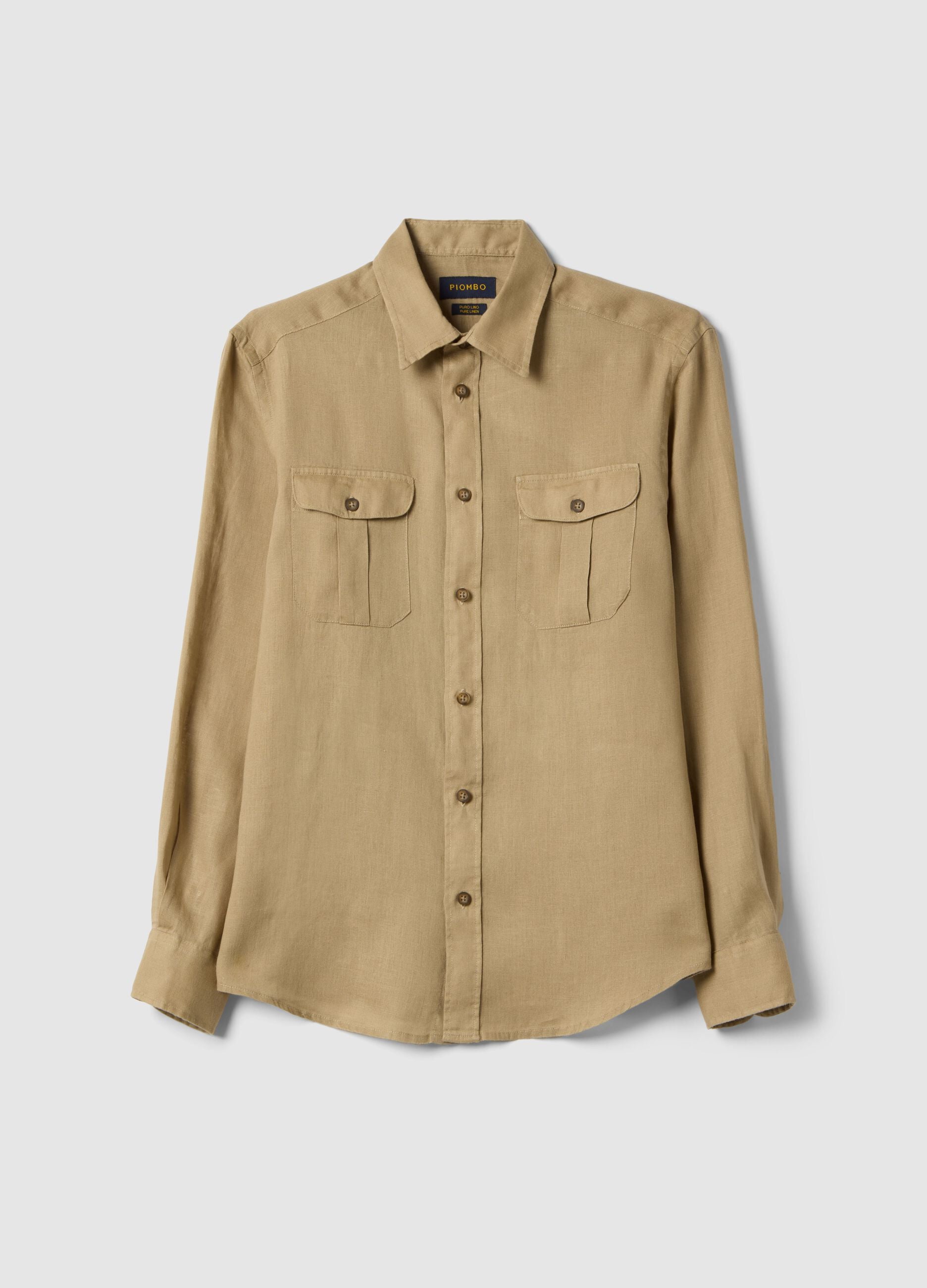 Beige pure linen long-sleeve shirt regular fit